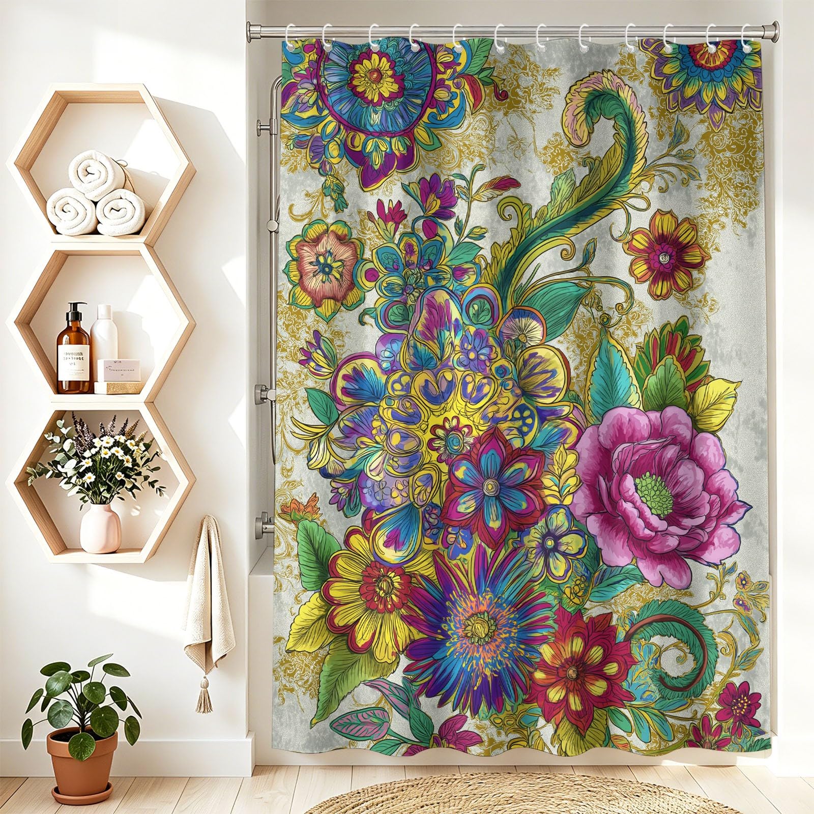 Générique Rideau Douche Luxueux Floral, Rideau de Douche 180 x 200 cm Anti Moisissure Tissu Lavable Romantique Pivoine Liane Rideaux Salle de Bain Baignoire avec Crochets, Vert
