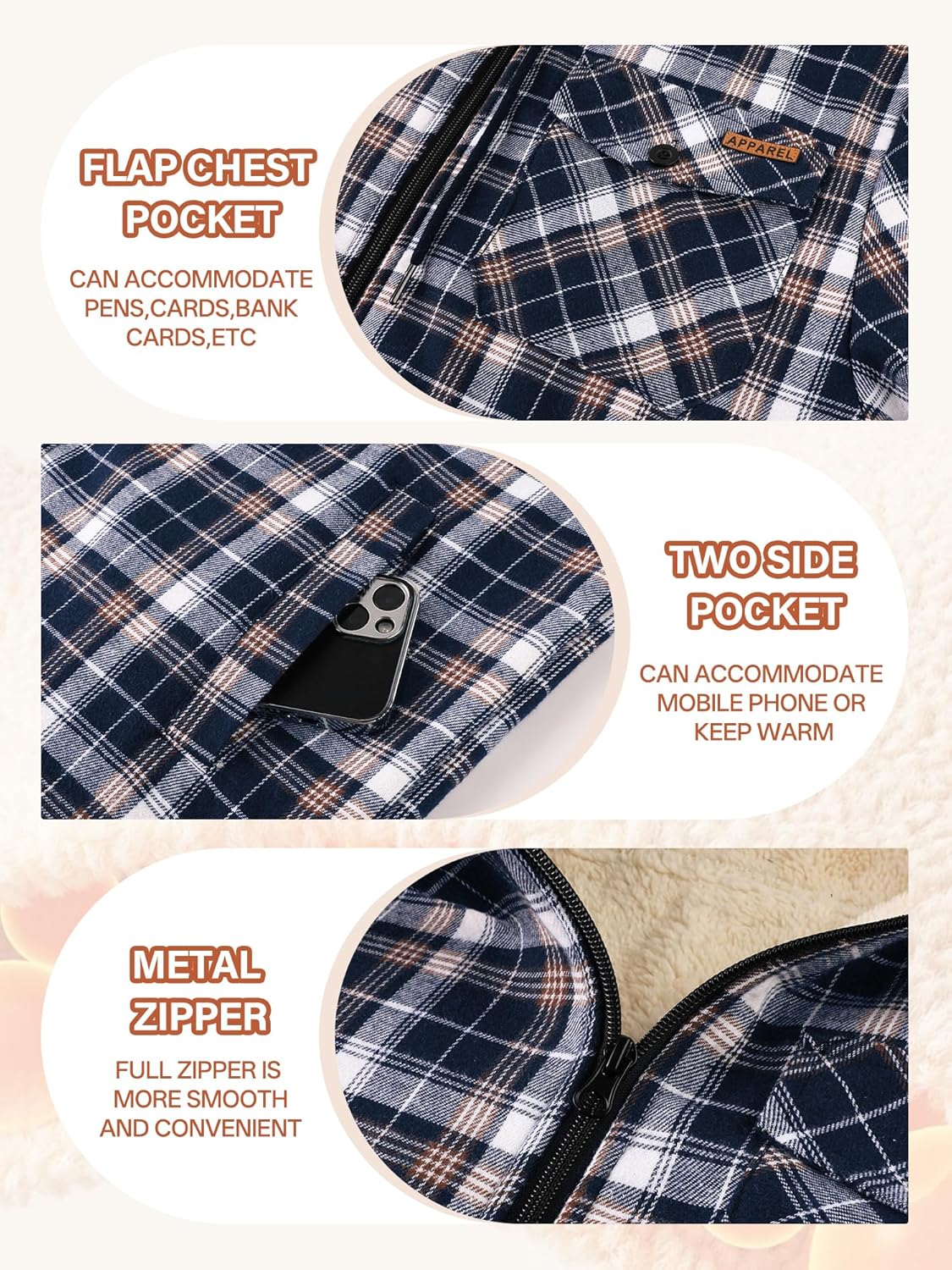 ZITY Mens Cotton Plaid Shirts Jacket Flannel Fleece Lined Hoodies Sherpa Zip Up Hoodie with Pocket - Image 6