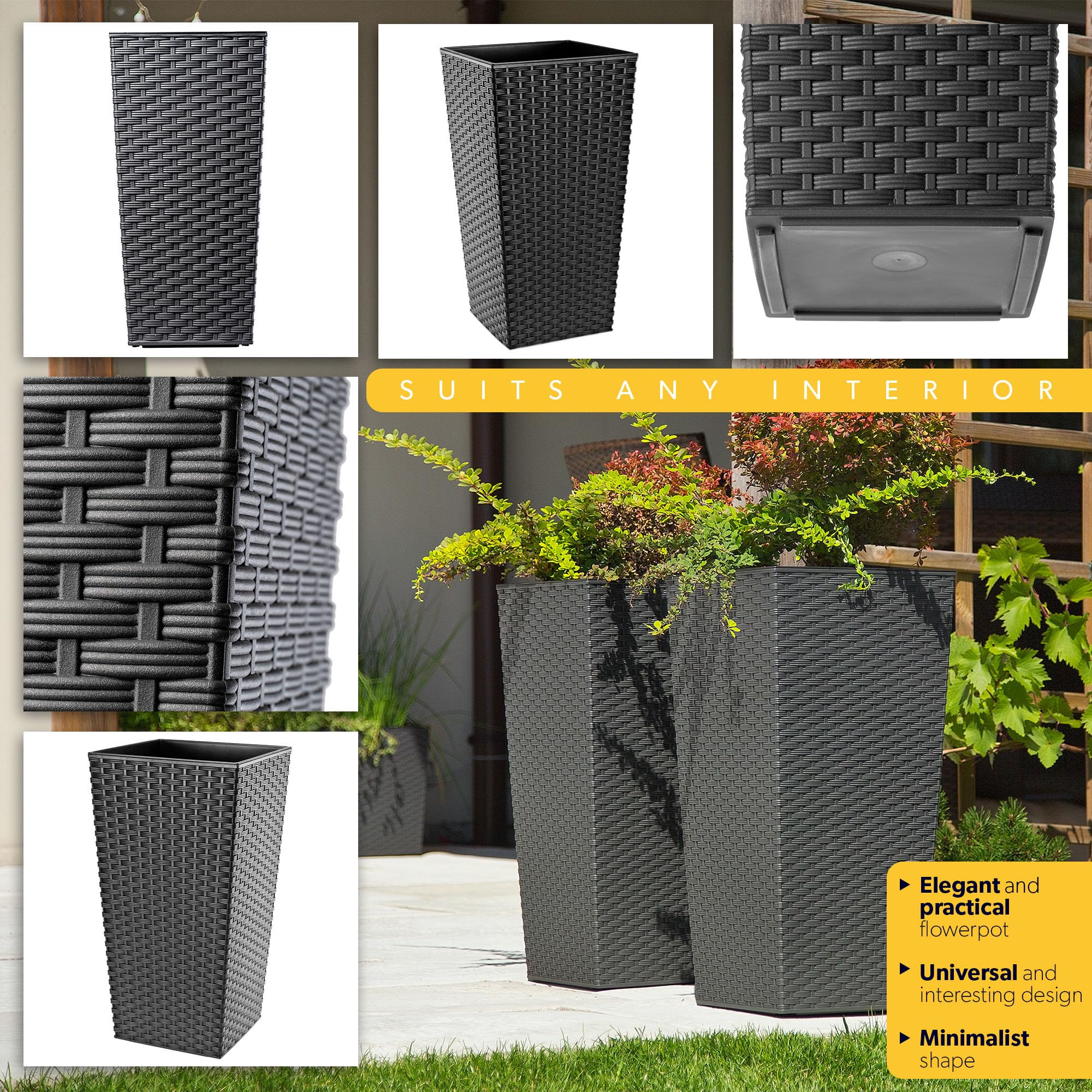 KADAX Lot de 3 Set de 3 Pots de Fleurs Hauts – H 57/68/75 cm – Rotin Graphite – intérieur/extérieur – pour Balcon, Jardin ou Salon