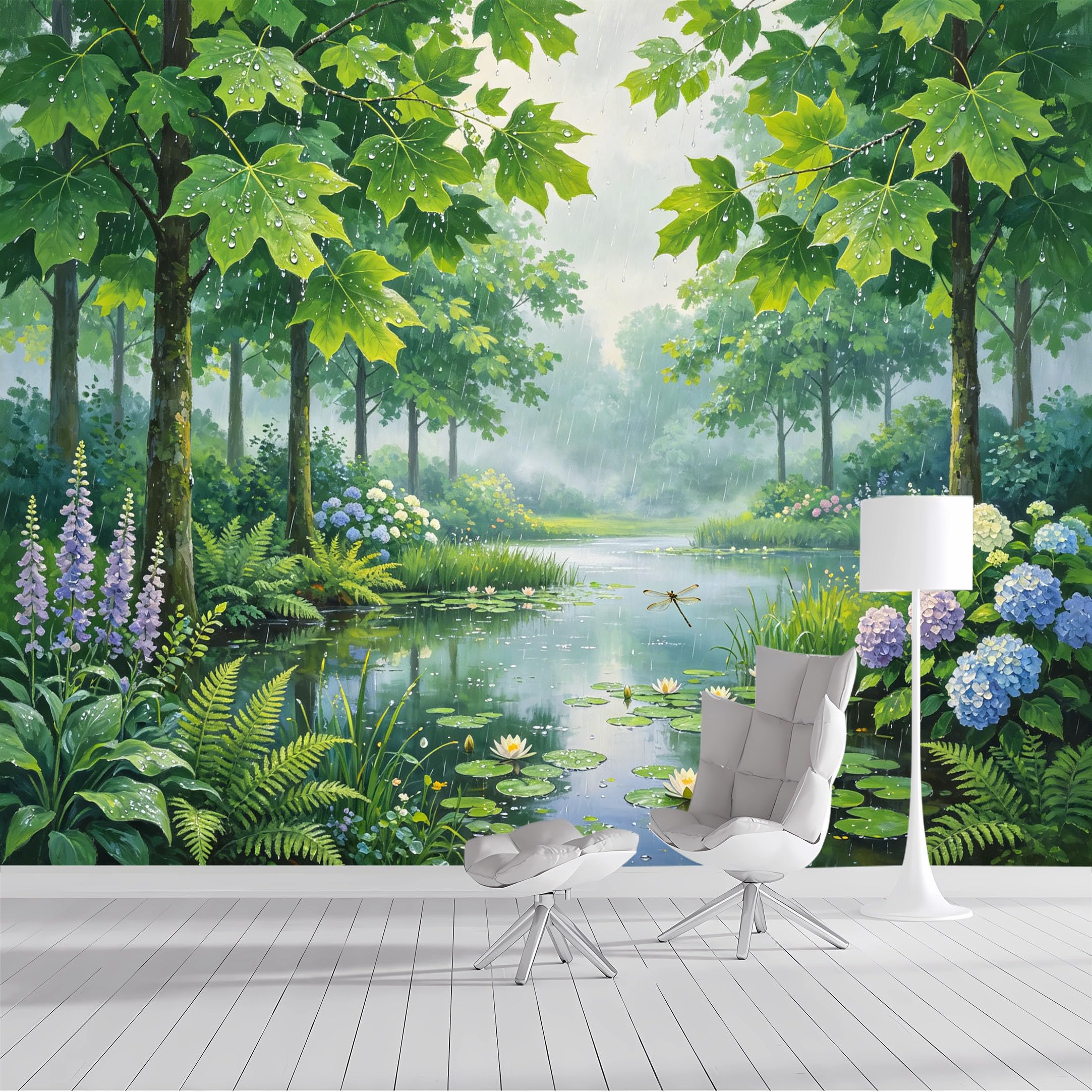 Custom Size Wall Mural Lush Forest Pond Rainy Day Watercolor Landscape SelfAdhesive Wall Fabric Removable Peel and Stick Wallpaper Wall Decor for Living Room Bedroom Bathroom