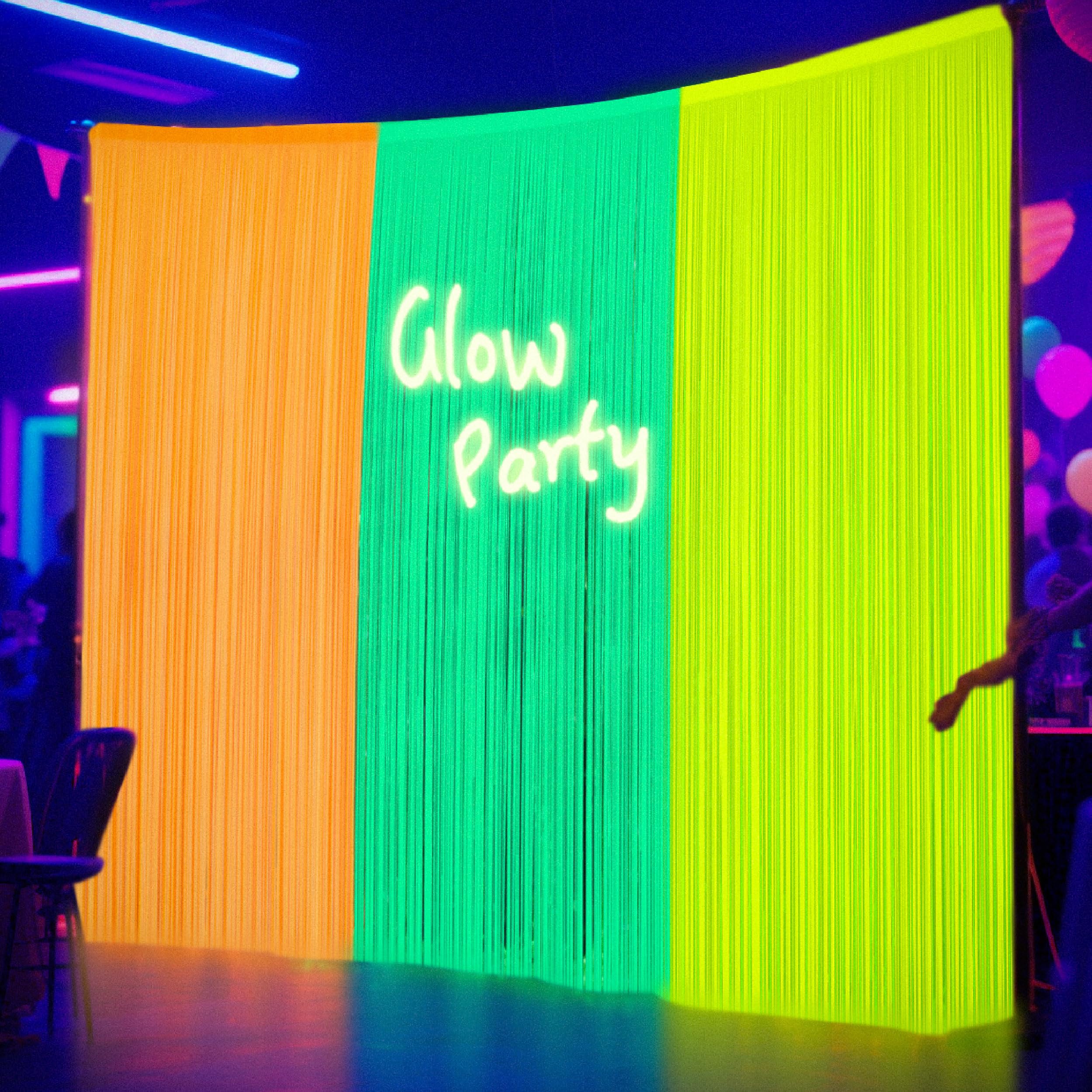 UV Neon Yellow Orange Green Tinsel Curtain Party Backdrop Fluorescent Neon Foil Fringe Curtain Glow Party Streamers Glow in The Dark Black Light