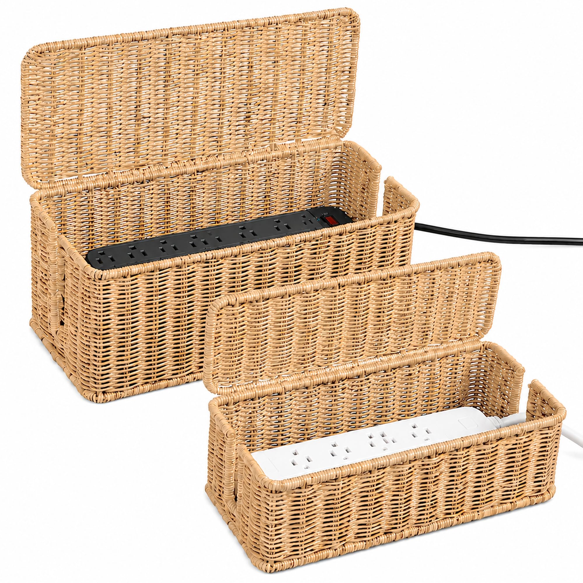 Caja de gestión de cables, organizador de cables de ratán hecho a mano con 2 ranuras abiertas, ocultador de cables para regleta de alimentación, enrutador y concentrador USB, patente registrada de