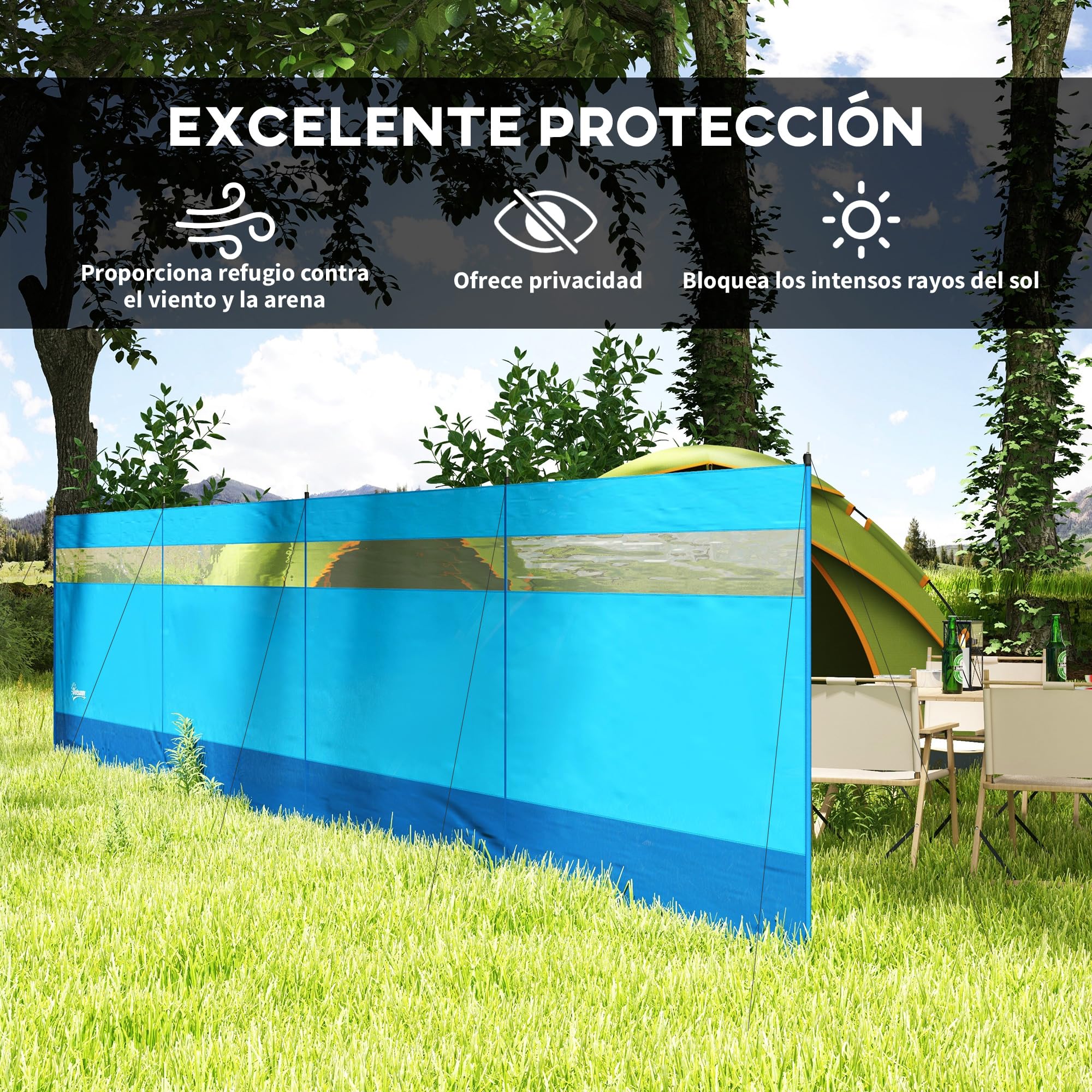 Outsunny Cortavientos para Camping de 4 Paneles, 725x140 cm, Paravientos Playa Impermeable con Postes de Acero, Panel Superior Transparente, Bolsa de Transporte y Estacas, para Playa y Jardín, Azul
