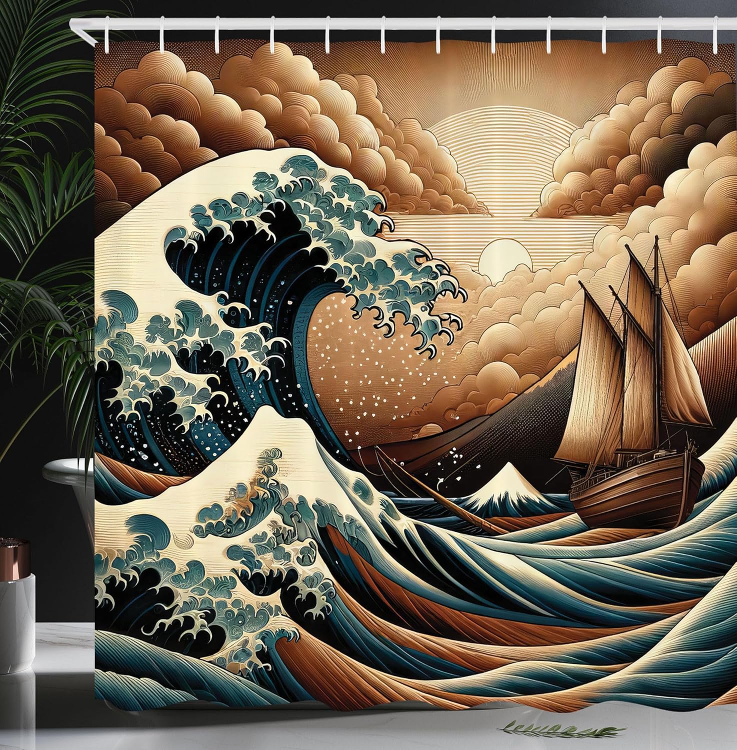 Ambesonne Nautical Shower Curtain, Ethnic Japanese Art Inspired Ocean Waves and Sailboat in Sepia View, Cloth Fabric Bathroom Decor Set with Hooks, 69" W x 75" L, Cinnamon and Petrol Blue