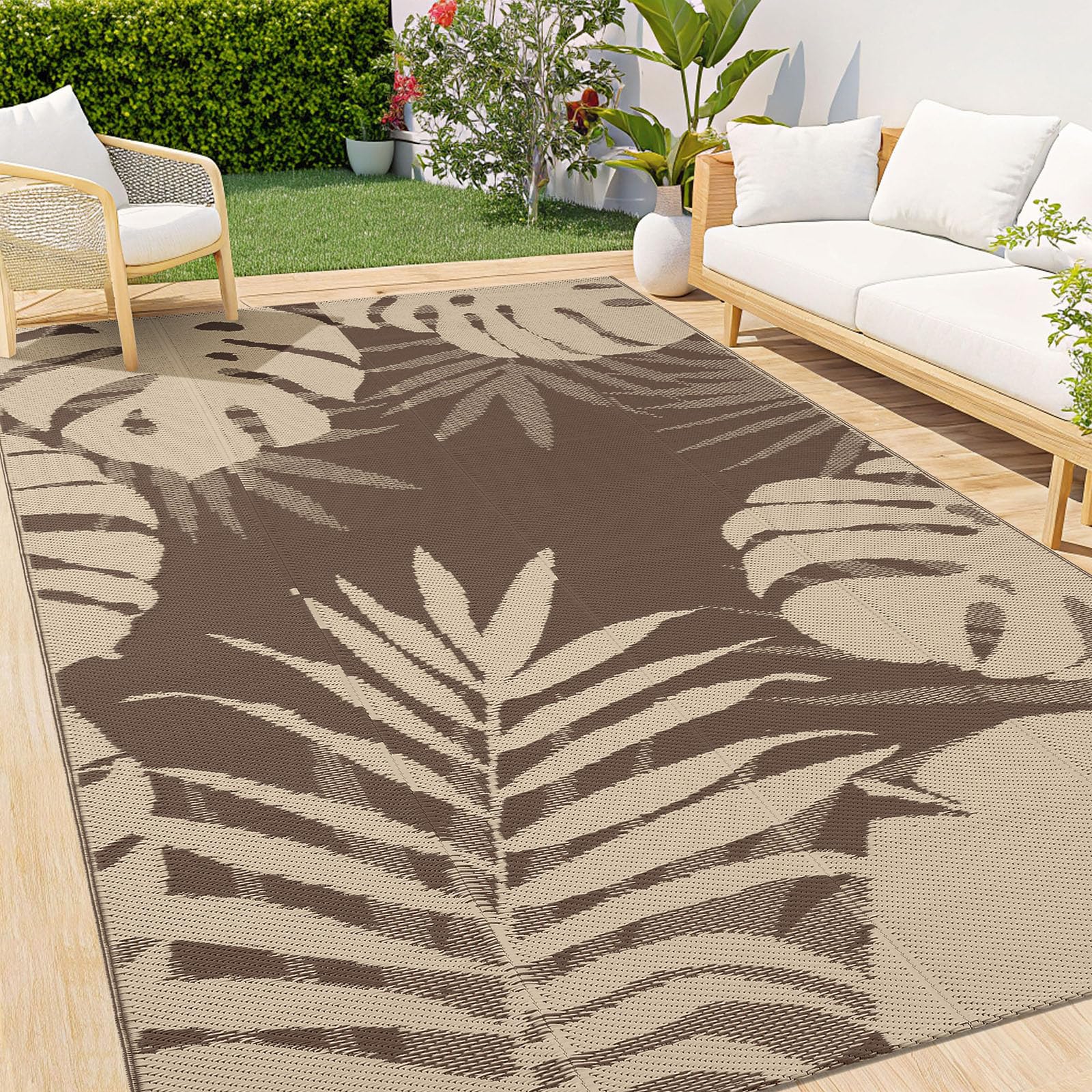 Homaxy Waterproof Outdoor Rug, Anti-slip Reversible Plastic Straw Garden Rugs, Easy Cleaning Carpet for Camping, Patio, Beach, Picnic, Backyard - 120 x 180 cm, Beige & Brown