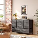 Tall 9 Drawers Dresser Storage with Wood Top, TV Stand, Fabric Wide Storage Tower, Sturdy Steel Frame Storage Organizer Fit for Bedroom, Living Room, Hallway, Entryway, Closets, Black Oak