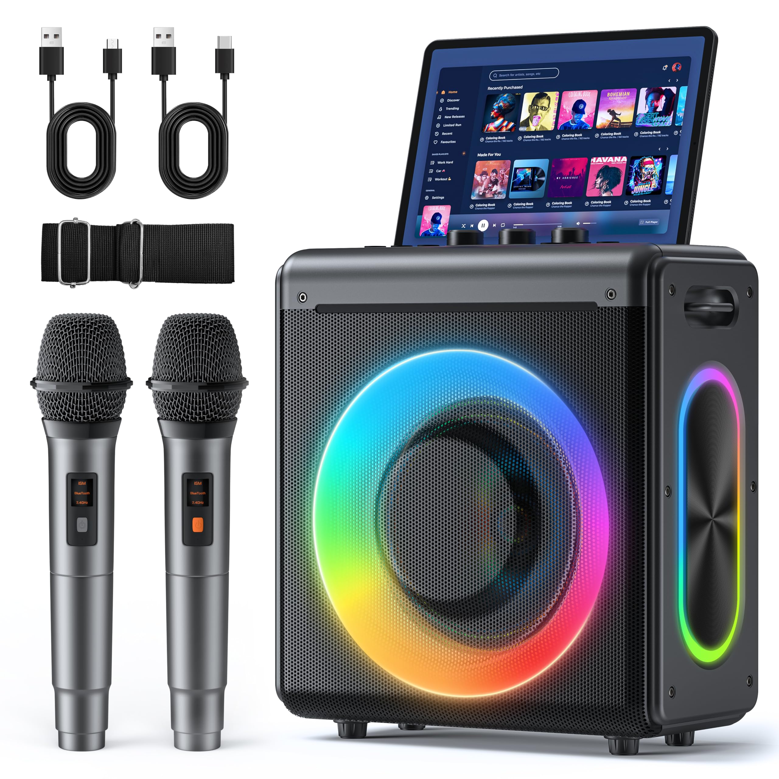 Karaoke Maschine mit 2 mikrofonen, wiederaufladbaren Mikrofonen: Tragbarer Bluetooth-Lautsprecher für Erwachsene und Kinder – PA-System mit Lichteffekten, unterstützt TWS/TF-Karte/USB/AUX