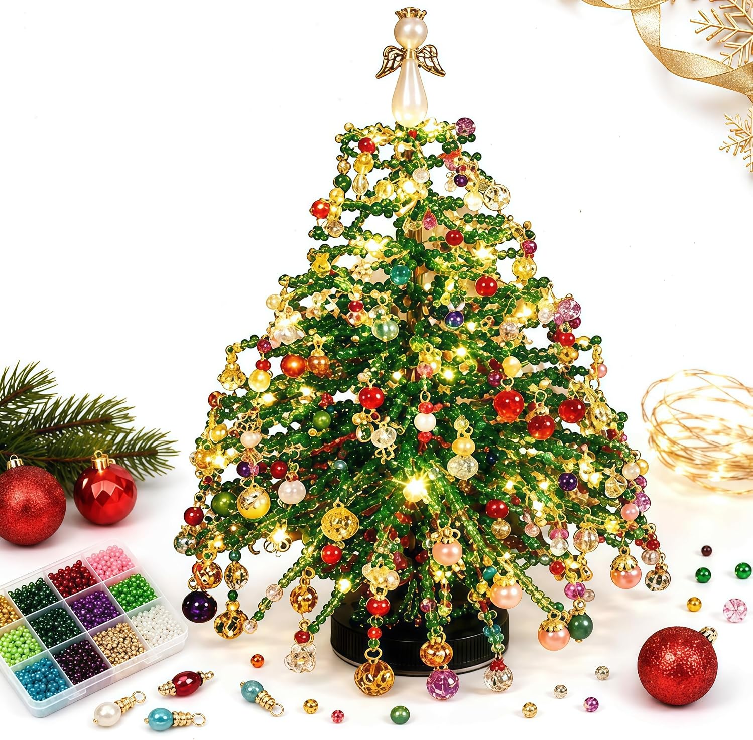 DIY Beaded Christmas Tree Kit, Crystal Bead Craft Set for Adults, Sparkling Holiday Ornament Making Kit with Beads and Accessories for Christmas Home Decor and Gifts