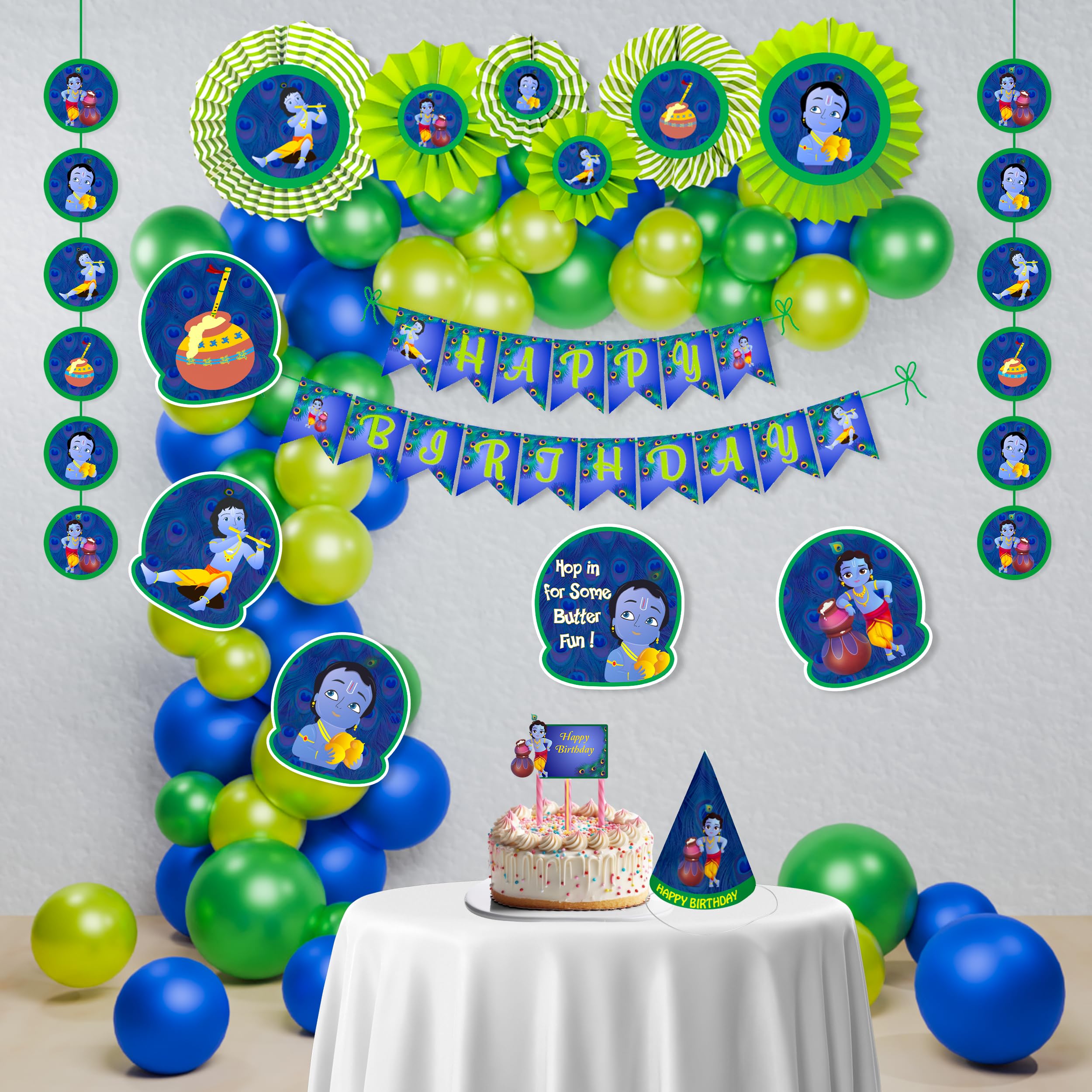 Untumble Krishna Theme Birthday Party Decorations - 56-Piece Set for Baby Boy Janmashtmi, Little Krishna, Jayanthi Decor