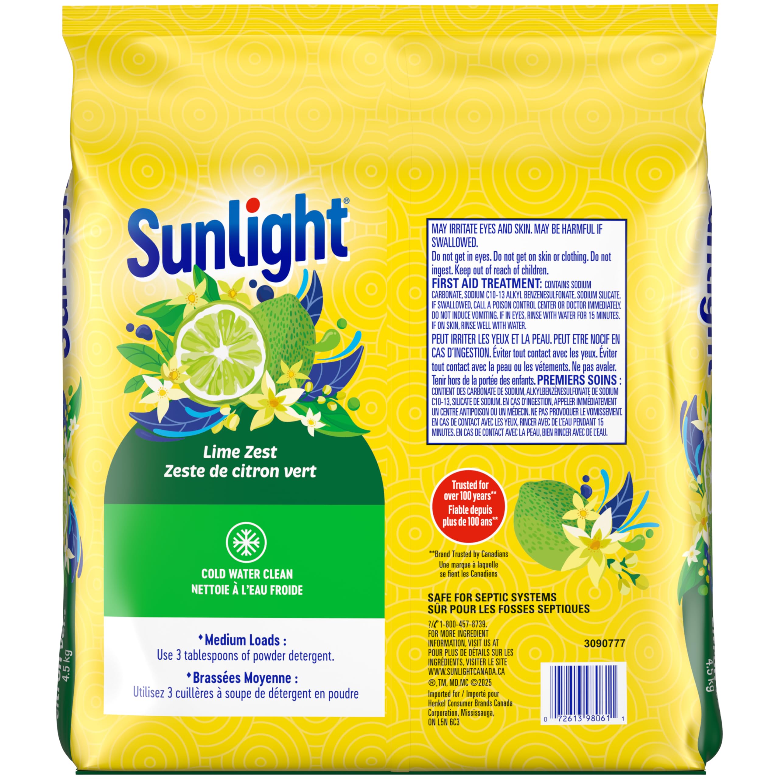 Sunlight Lime Zest Powder Laundry Detergent, 4.5kg 114 wash loads, HE Compatible, Cold Water Clean, 1 bag - 2