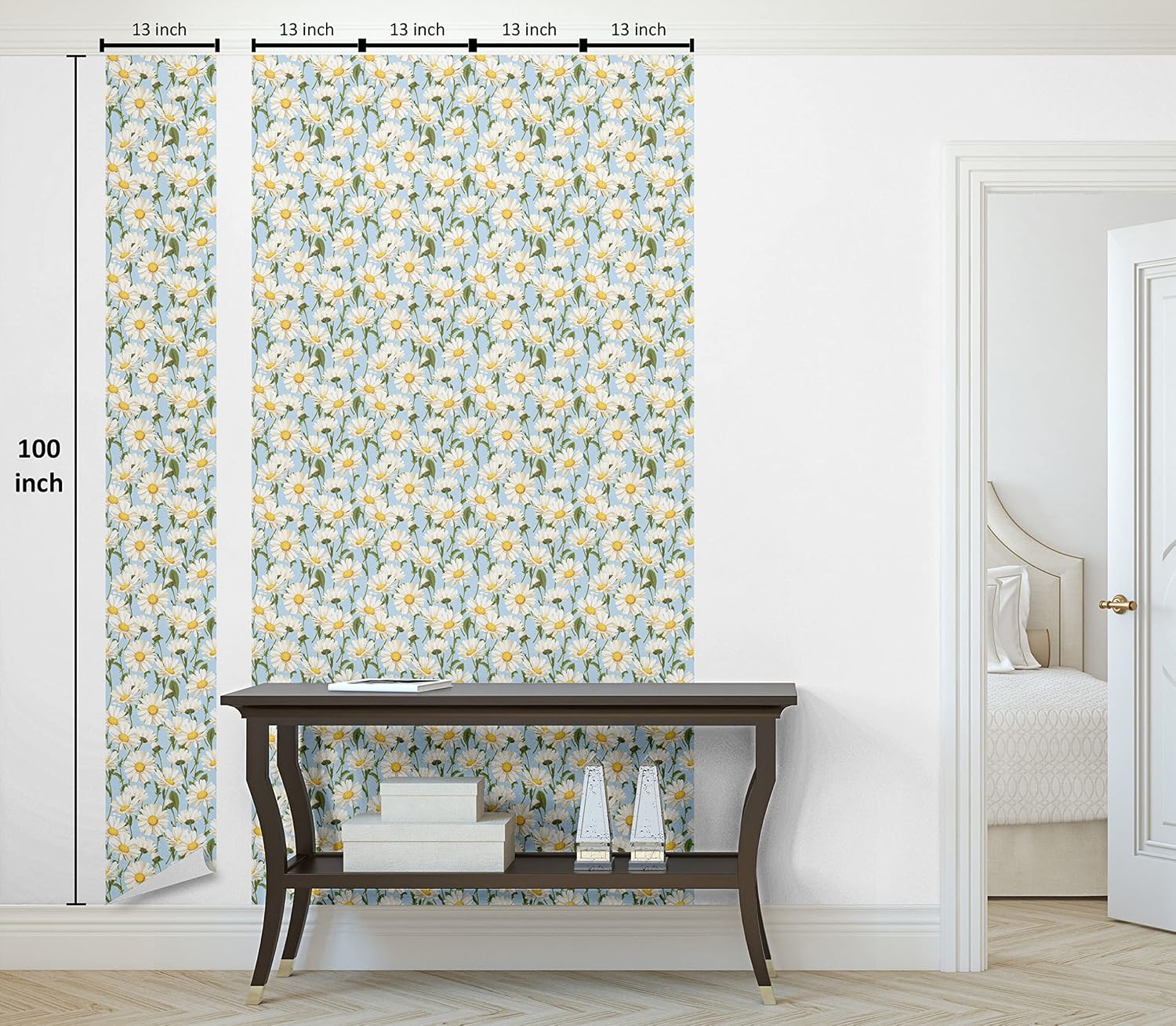 Lunarable Daisy Peel & Stick Wallpaper for Home, Chamomile Flowers Garden Spring Foliage Harvest Yard Shabby Pattern, Self-Adhesive Living Room Kitchen Accent, 13" x 100", Olive Green Pale Blue