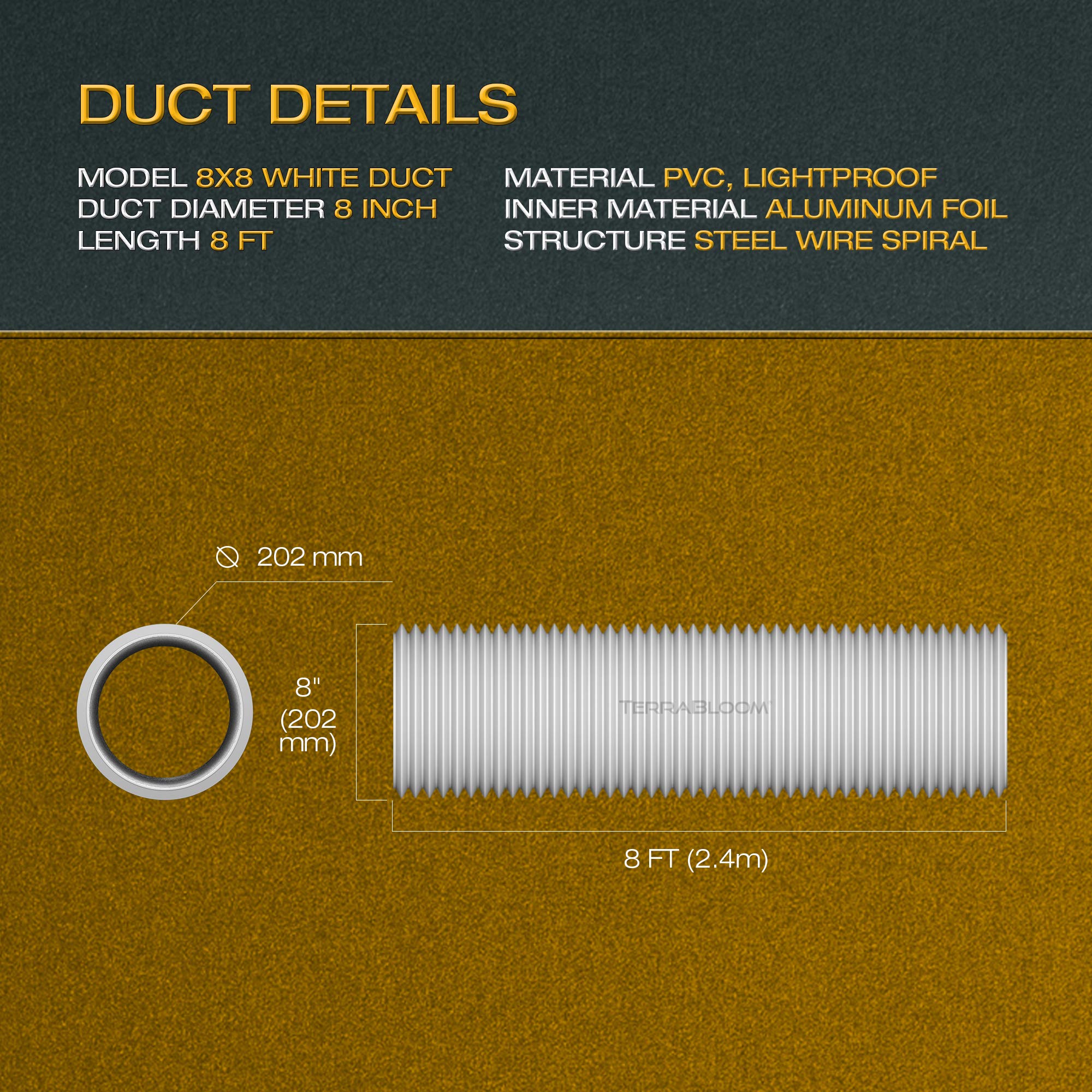 TerraBloom 8" Air Duct 8 FT Long, White Flexible Ducting with 2
