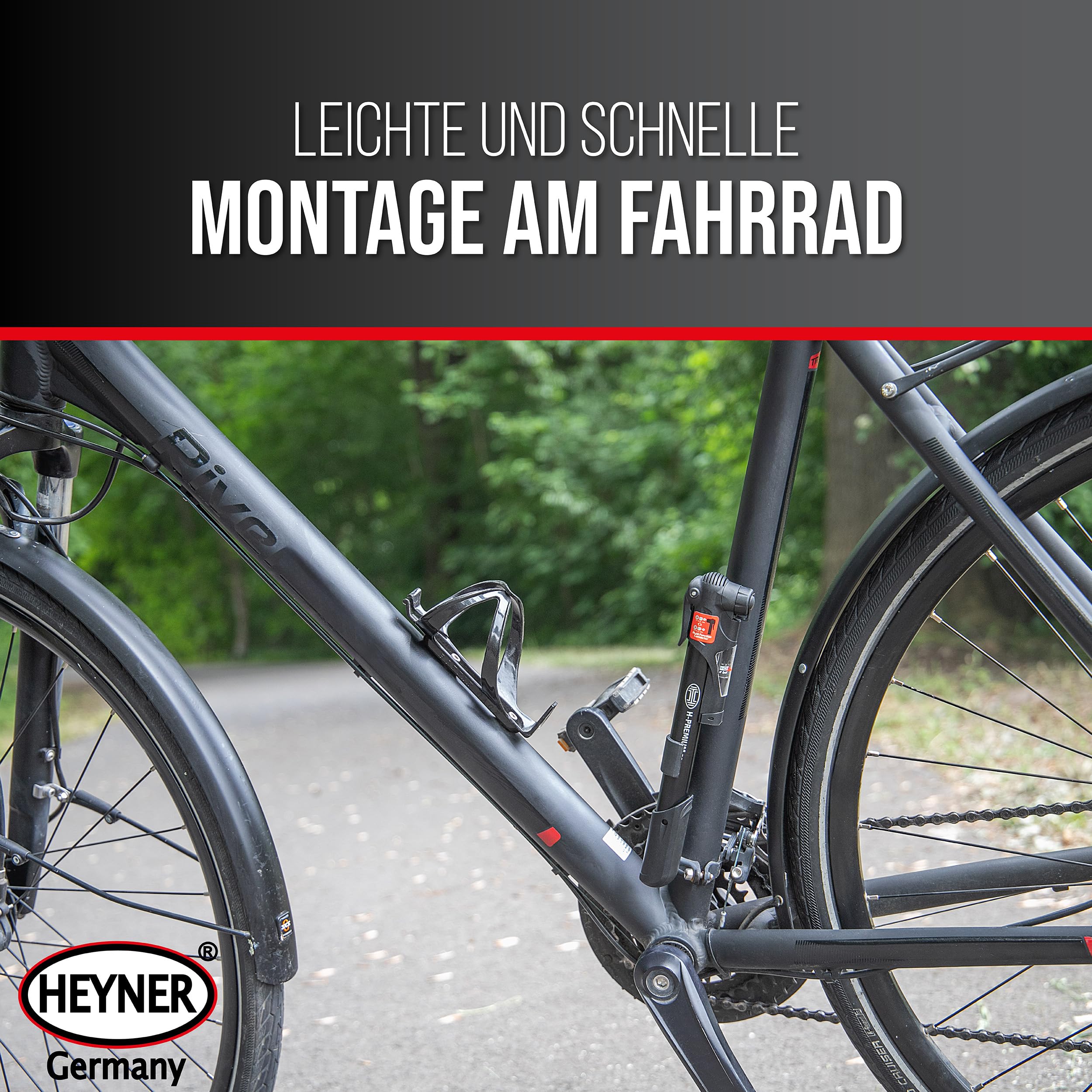 HEYNER® Luftpumpe mit Manometer mit 8 bar kompakte Fahrradpumpe mit tauschbarem Ventil und Halterung Rahmenpumpe, schwarz Sport & Freizeit