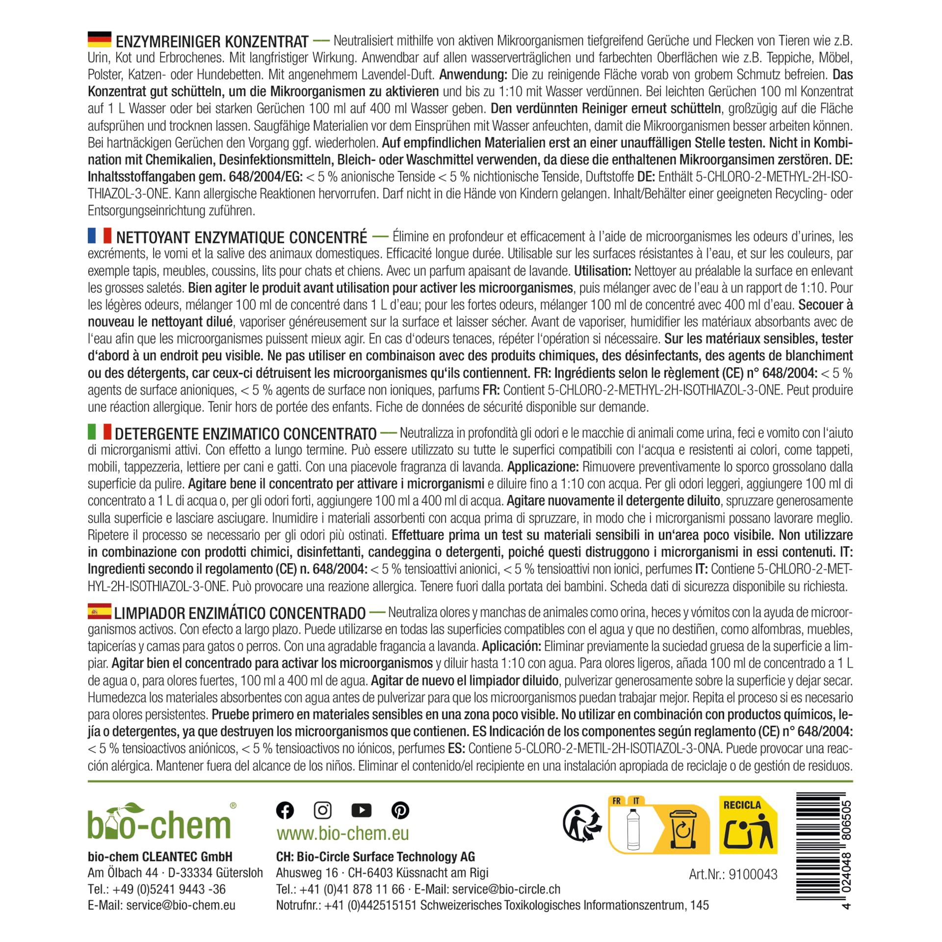 Bio-Chem - Limpiador enzimático concentrado 1L + botella mezcladora - Combate olores y manchas persistentes - Acción probiótica natural para alfombras, tejidos y superficies | Eliminador de olores contra orina, orina de gato y orina de perro para perros y
