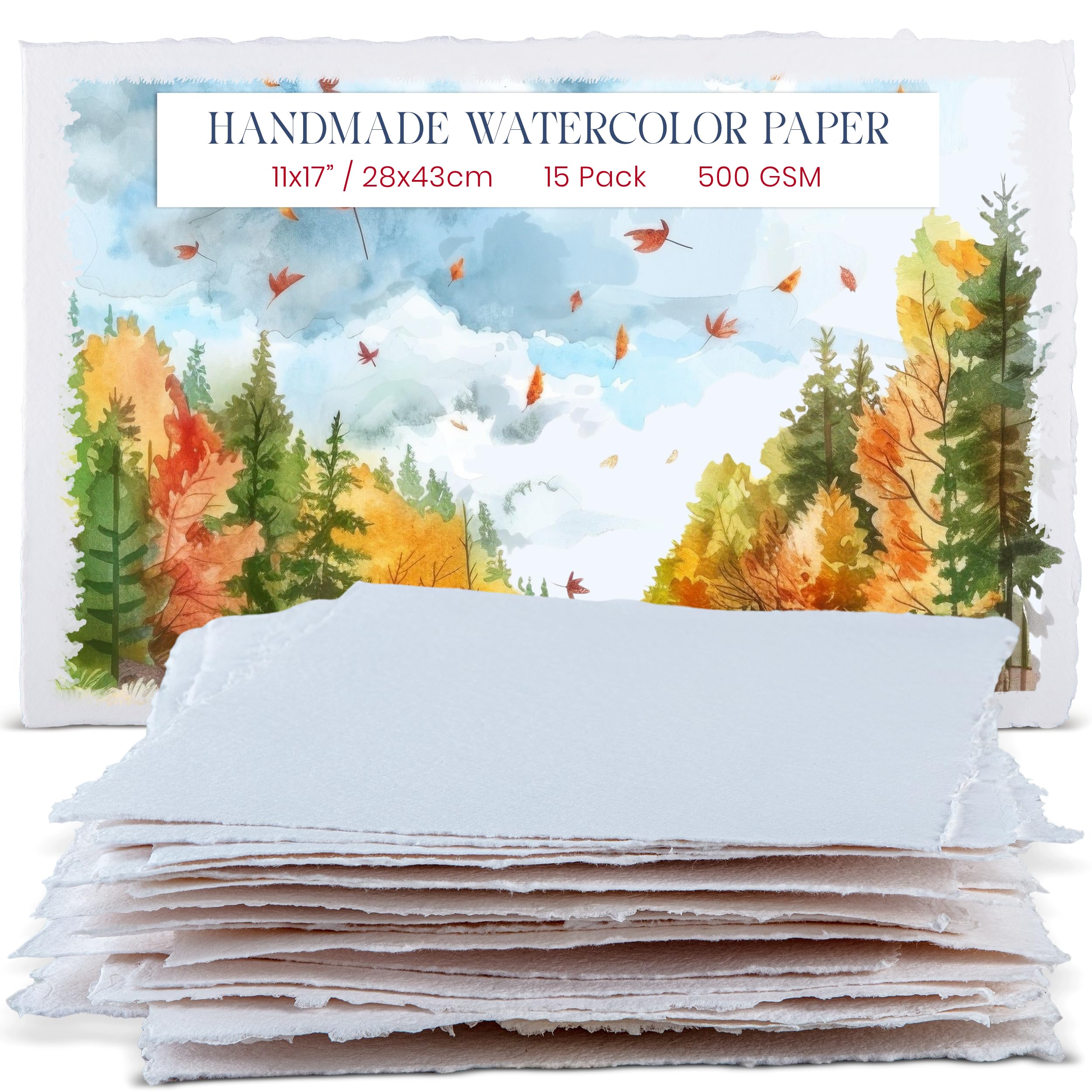 Wanderings White Thick Handmade Watercolour Paper With Deckled Edge - 28X43 Cm- 500Gsm Premium Cold-Pressed Textured Mixed Media Paper Made With Recycled Cotton - 15 Loose Leaf Sheets