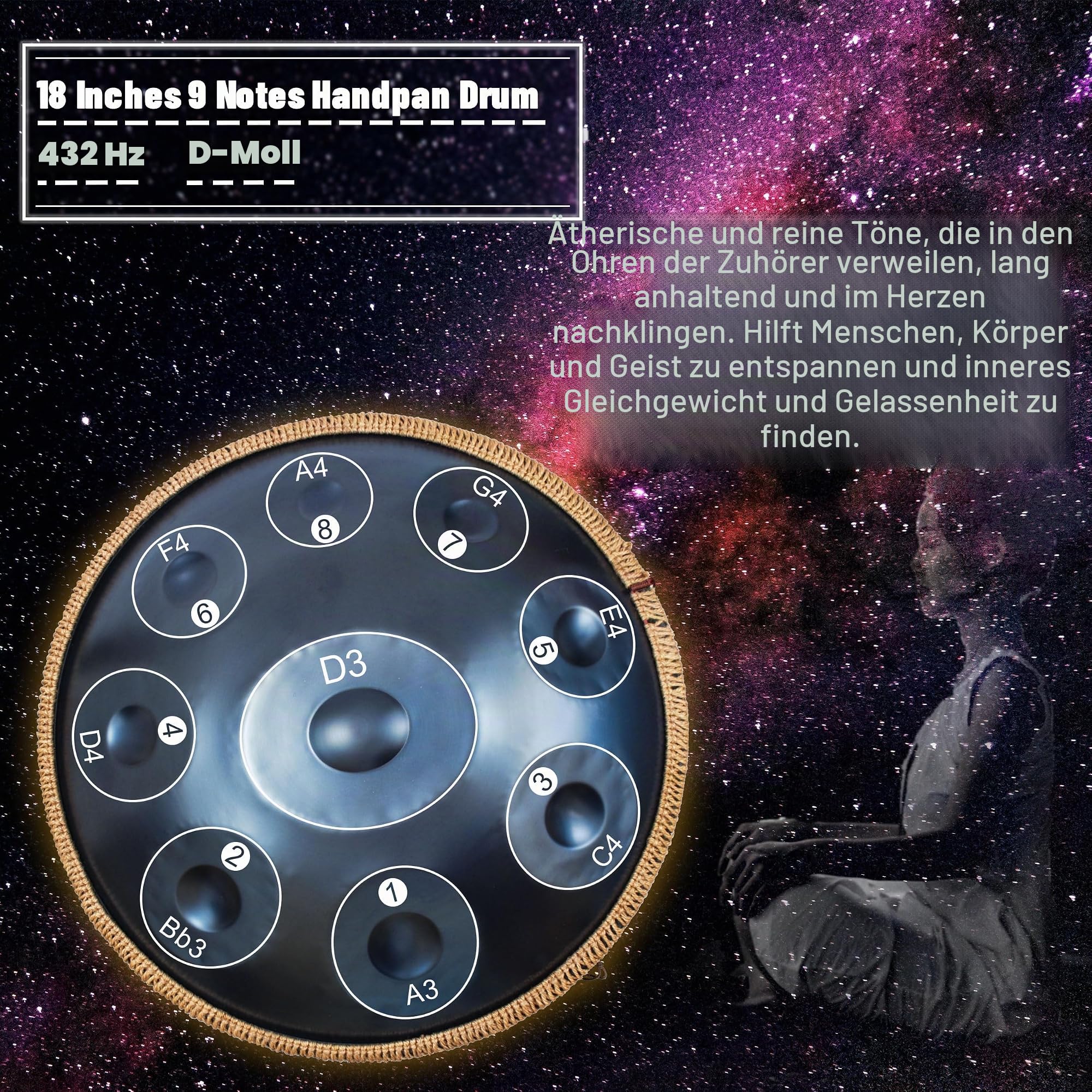 Handpan Trommel Premium Handpan Instrument für Erwachsene und Anfänger - 432Hz 18 Zoll 9 Töne D-Moll Kurd(Blau)