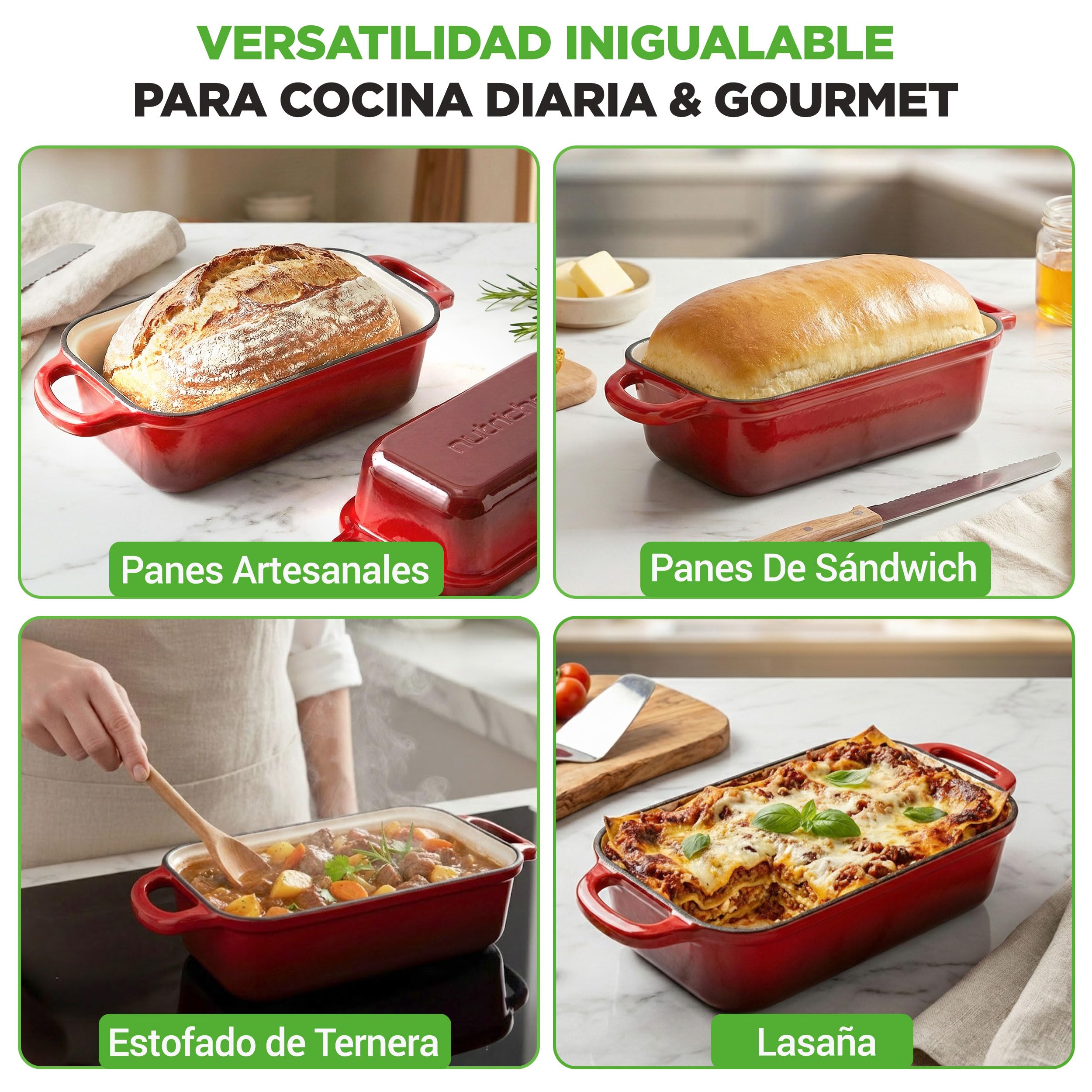 NutriChef horno holandés rectangular para masa madre, Molde para pan con tapa, Hierro fundido esmaltado, Con guantes de silicona para pan artesanal, 35 cm