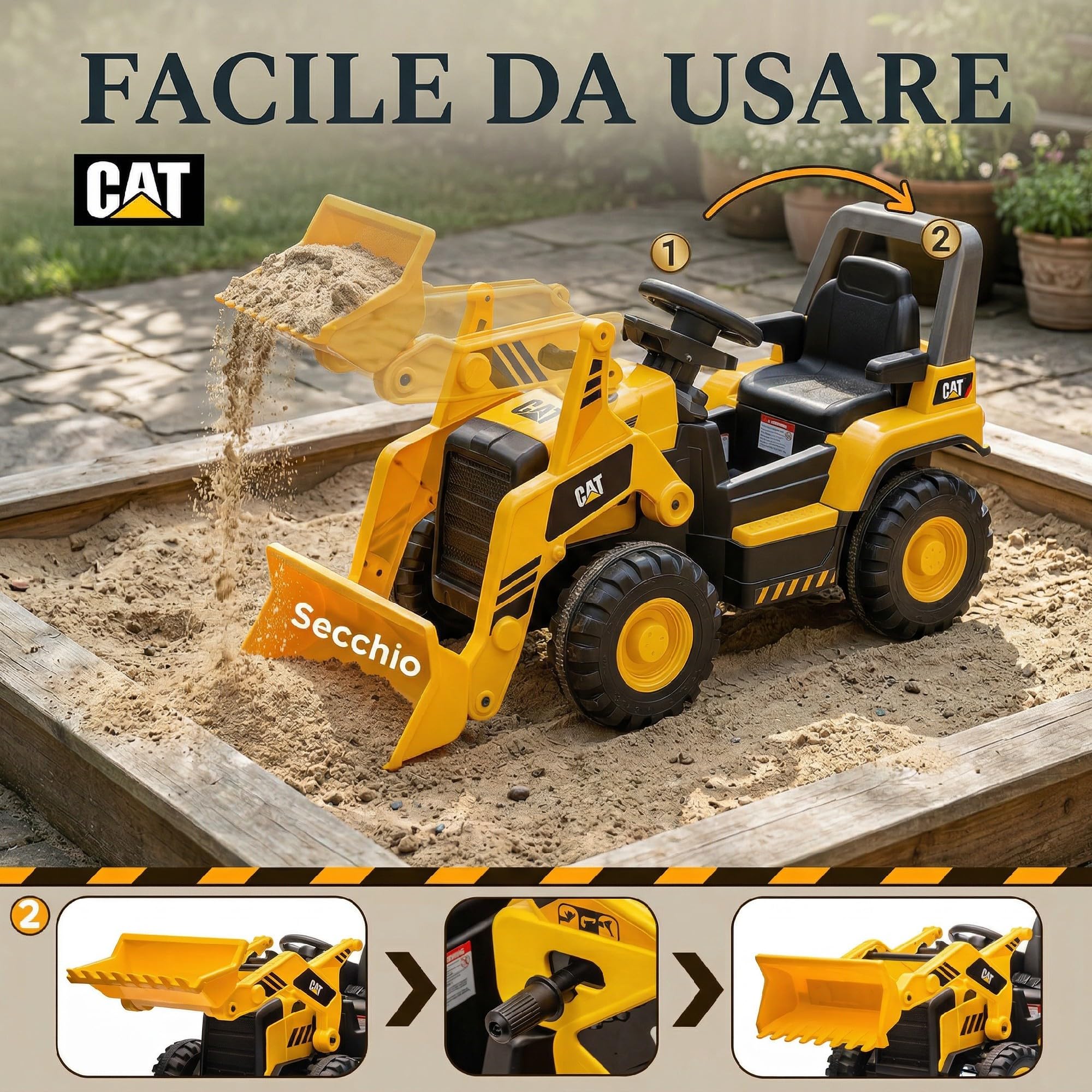 AIYAPLAY Ruspa Elettrica per Bambini 3-6Anni Licenza CAT con Benna Giallo | Macchina Elettrica Escavatore Trattore Giocattolo Cavalcabile, 12V 7AH, 2 Motori, Telecomando, Musica, Bluetooth e USB