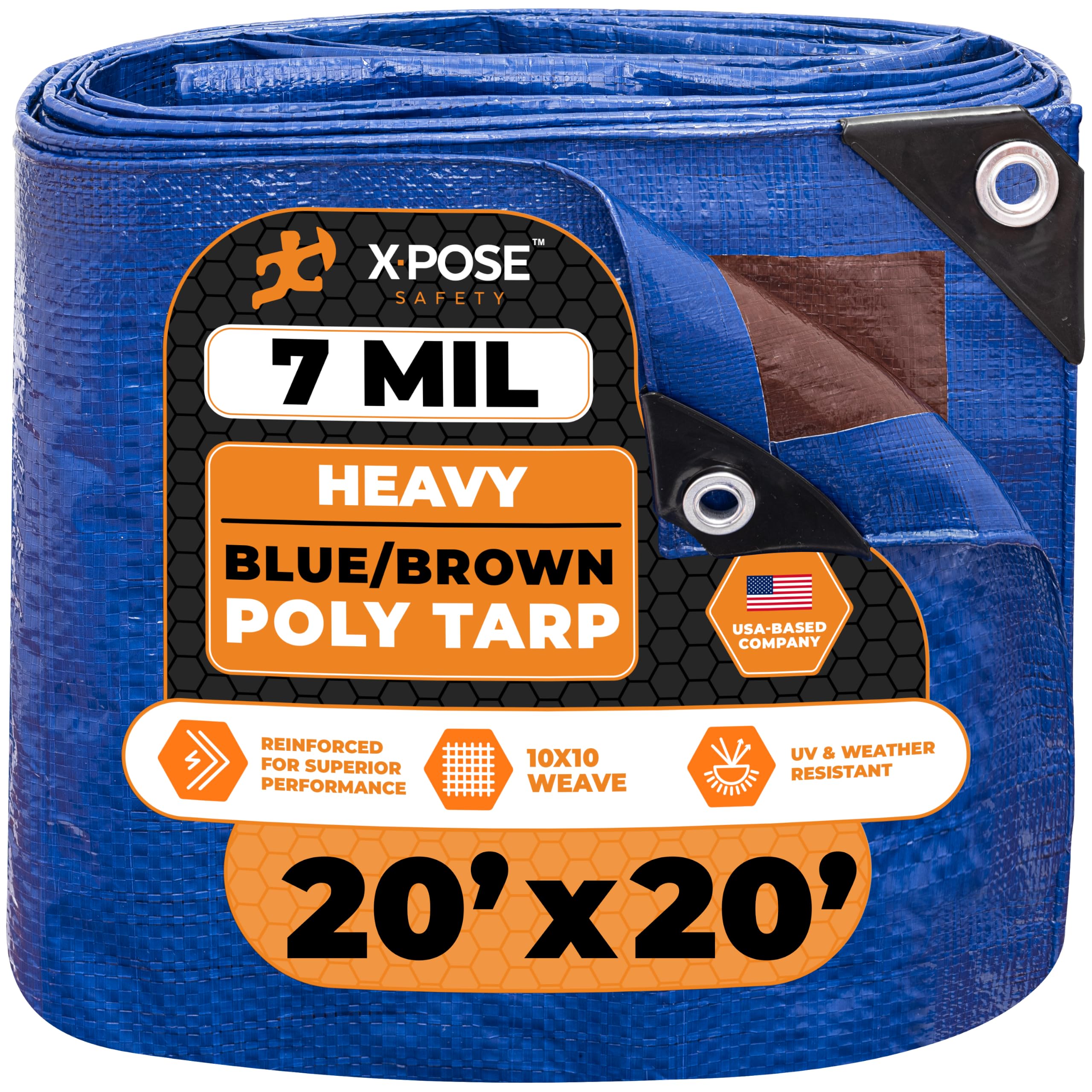 Xpose Safety 20’ x 20’ Heavy Blue/Brown Tarp - Waterproof - 7 Mil Weatherproof Camping Tarp for Tent, Rain, Wind &amp; Sun - Plastic Tarpaulin Cover Outdoor for Roof, Trailer, RV, Car, Boat