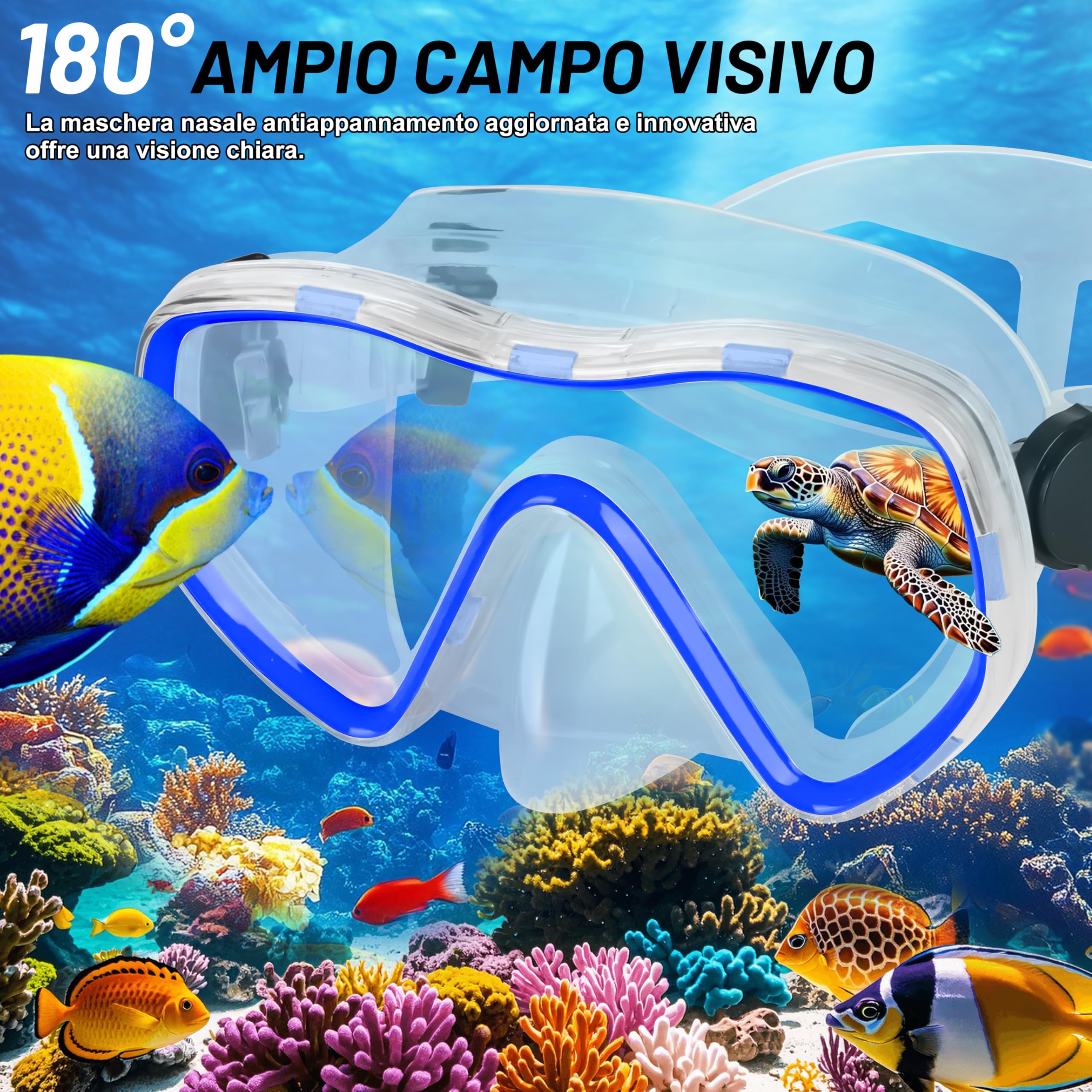 IEEILULU Set da Snorkeling 7 Pezzi per Adulti con Occhiali Antiappannante, Boccaglio e Pinne Regolabili