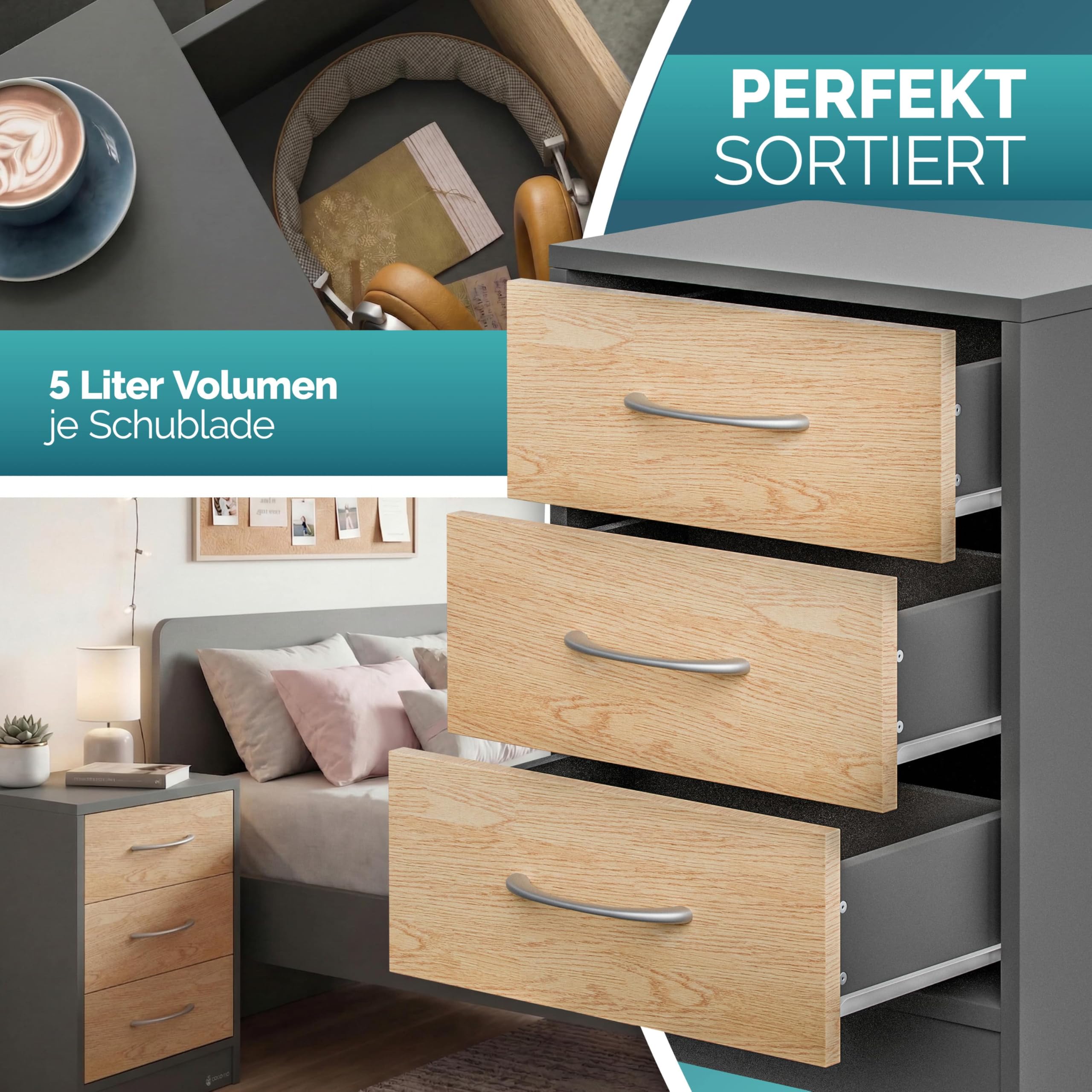 Casaria® Comodino Set da 2 54x39x28cm in Legno 3 Cassetti Camera Letto Tavolino da Notte Comodini Antracite