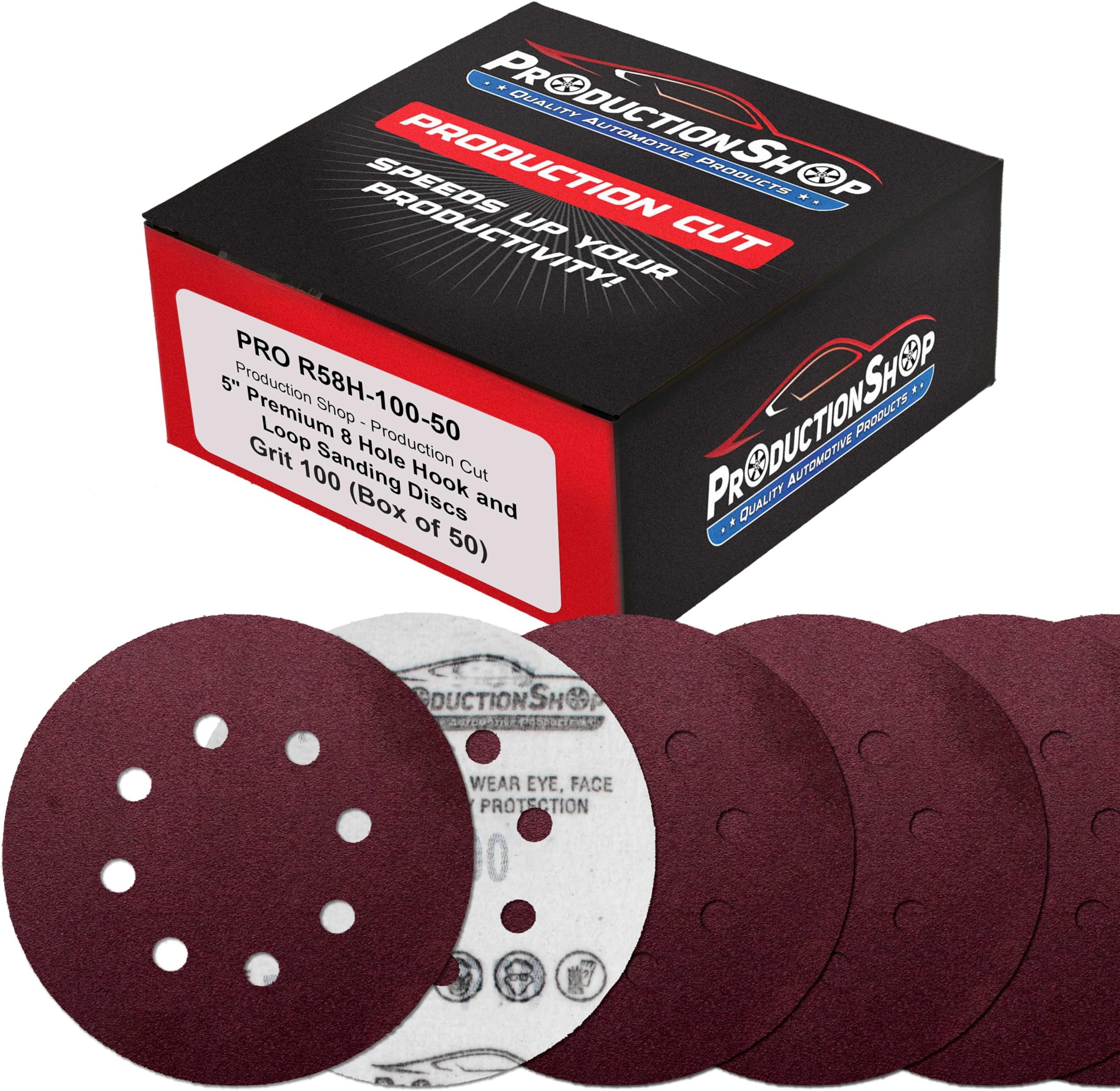 Premium 5" Red 8-Hole Pattern 100 Grit Sanding Discs, Box of 50 - Dustless Hook & Loop Backing Sandpaper for Random Orbital Sanders, Medium-Cut Abrasive - Woodworking, Sand Auto Paint