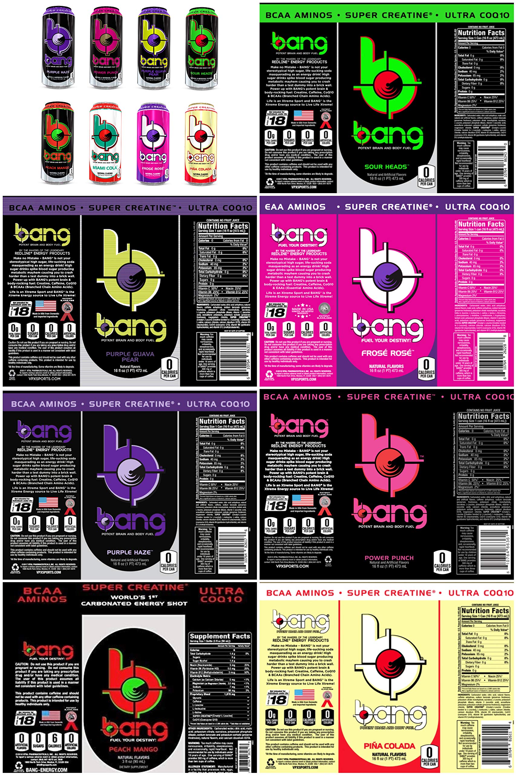 Bang Energy Drink, 0 Calories, Sugar Free with Super Creatine, 8 Flavor