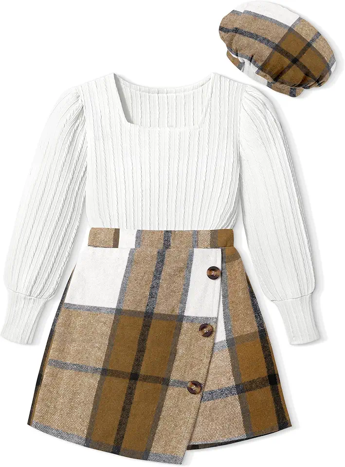 AGAPENG Girl Skirt Sets 3 Piece Outfits Square Neck Jacquard Puff Sleeve Tops Plaid Mini Skirt Shorts Fall Winter Clothes