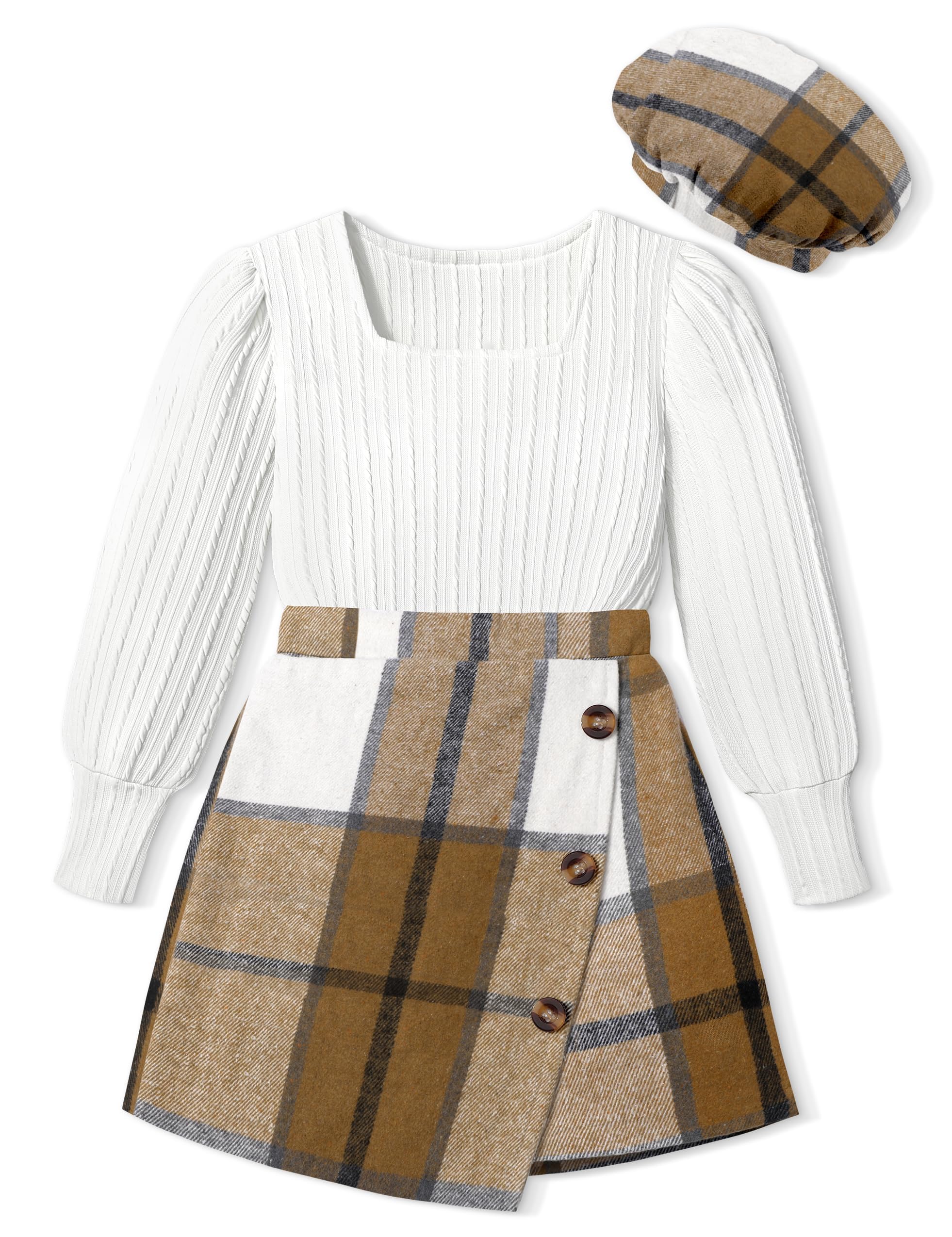 AGAPENG Girl Skirt Sets 3 Piece Outfits Square Neck Jacquard Puff Sleeve Tops Plaid Mini Skirt Shorts Fall Winter Clothes