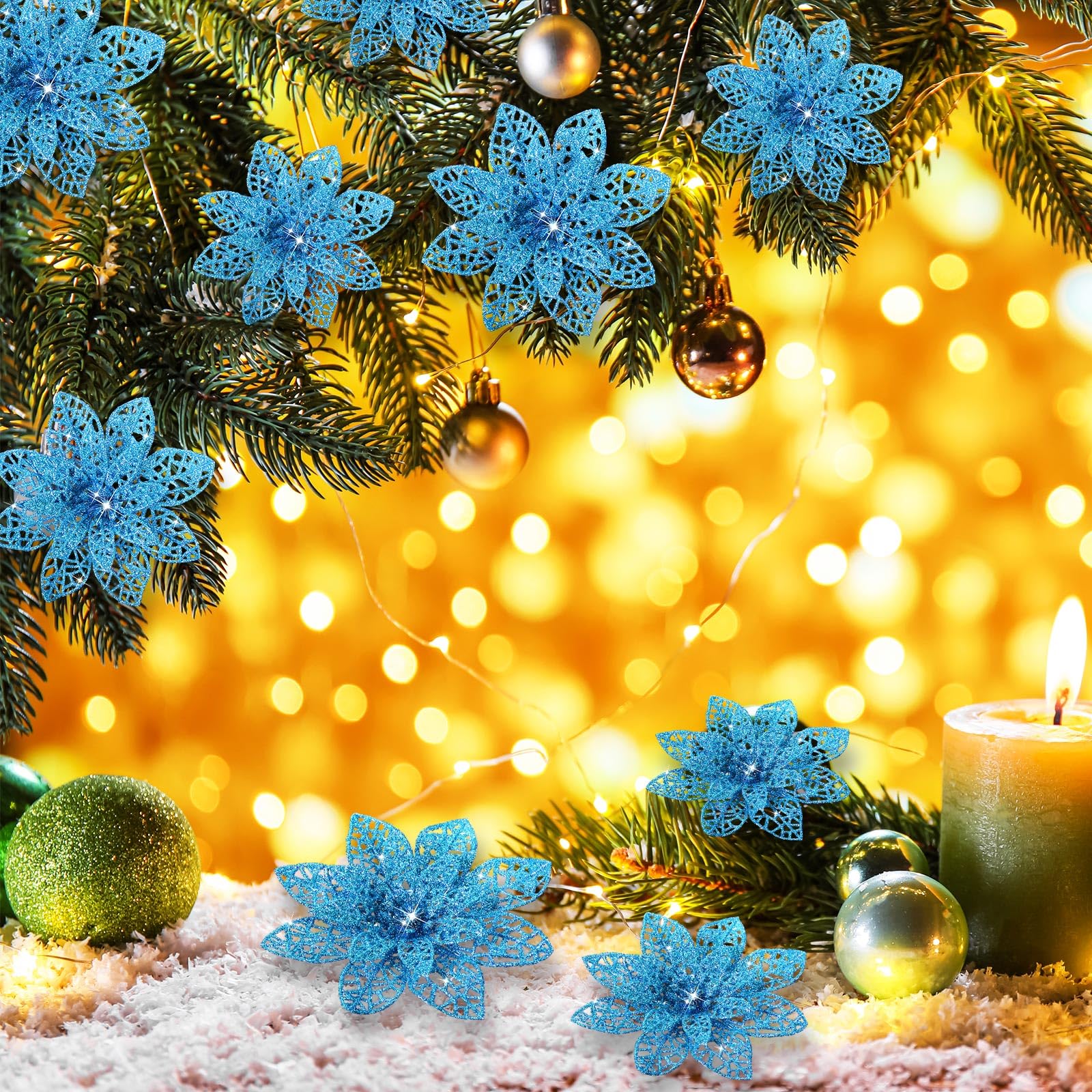 36 Pieces Christmas Glitter Poinsettia Flowers Wedding Glitter Flowers Christmas Tree New Year Ornaments (Lake Blue) - Image 4