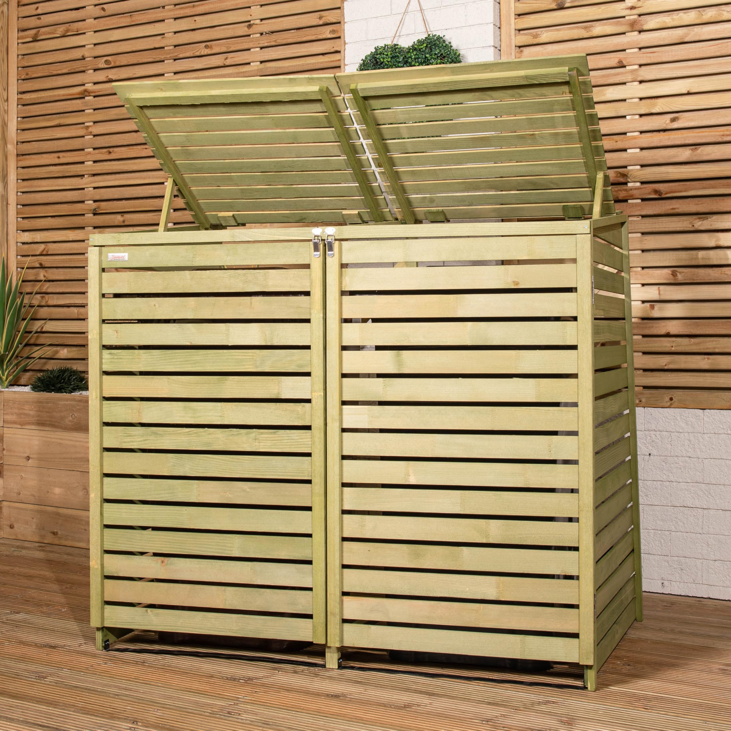 Samuel ALEXANDER 1.34m x 1.2m Large Wooden Outdoor Garden Double Wheelie Bin Store Storage for Bins, Garden Bin Storage box, Wheelie Bin Hideaways, Bin Shed