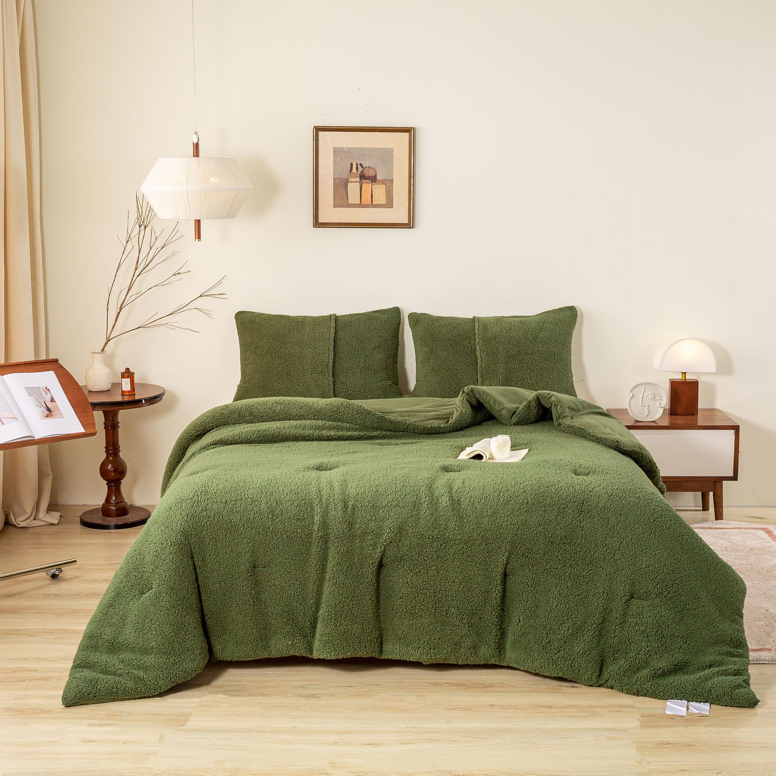 Warm Ultra-Soft Sherpa Fleece Fluffy Comforter Queen Set - Plush Cozy Olive Green Sherpa Bedding Down Alternative Blanket Comforter and 2 Pillowshams Winter Fall for Full/Queen Size Bed