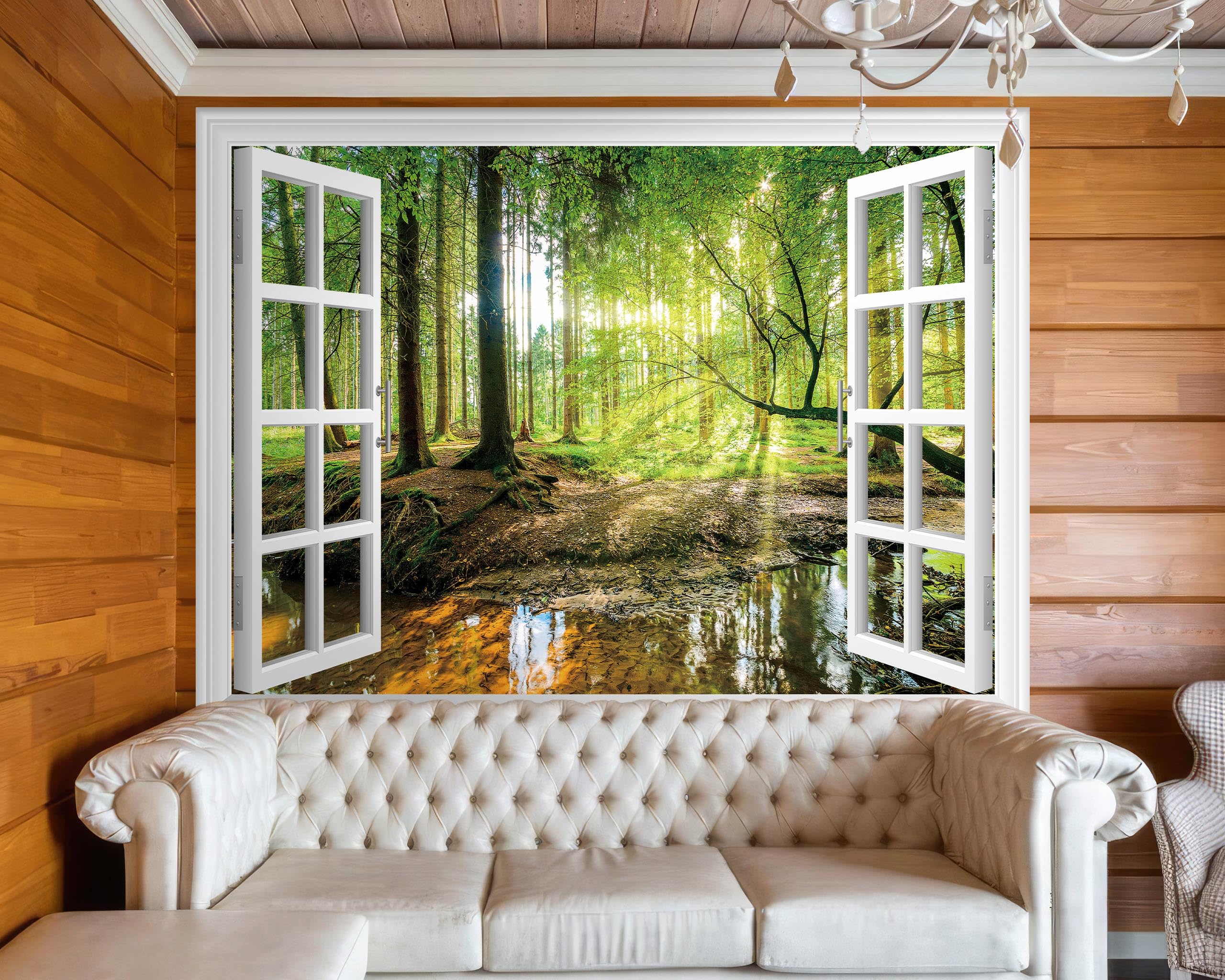 FLFK Fake Window Wall Mural - Forest Jungle Faux Window Wall Sticker for Wall Decor, Stick and Peel Wall Decals,80"x60",Split into 5 Pieces