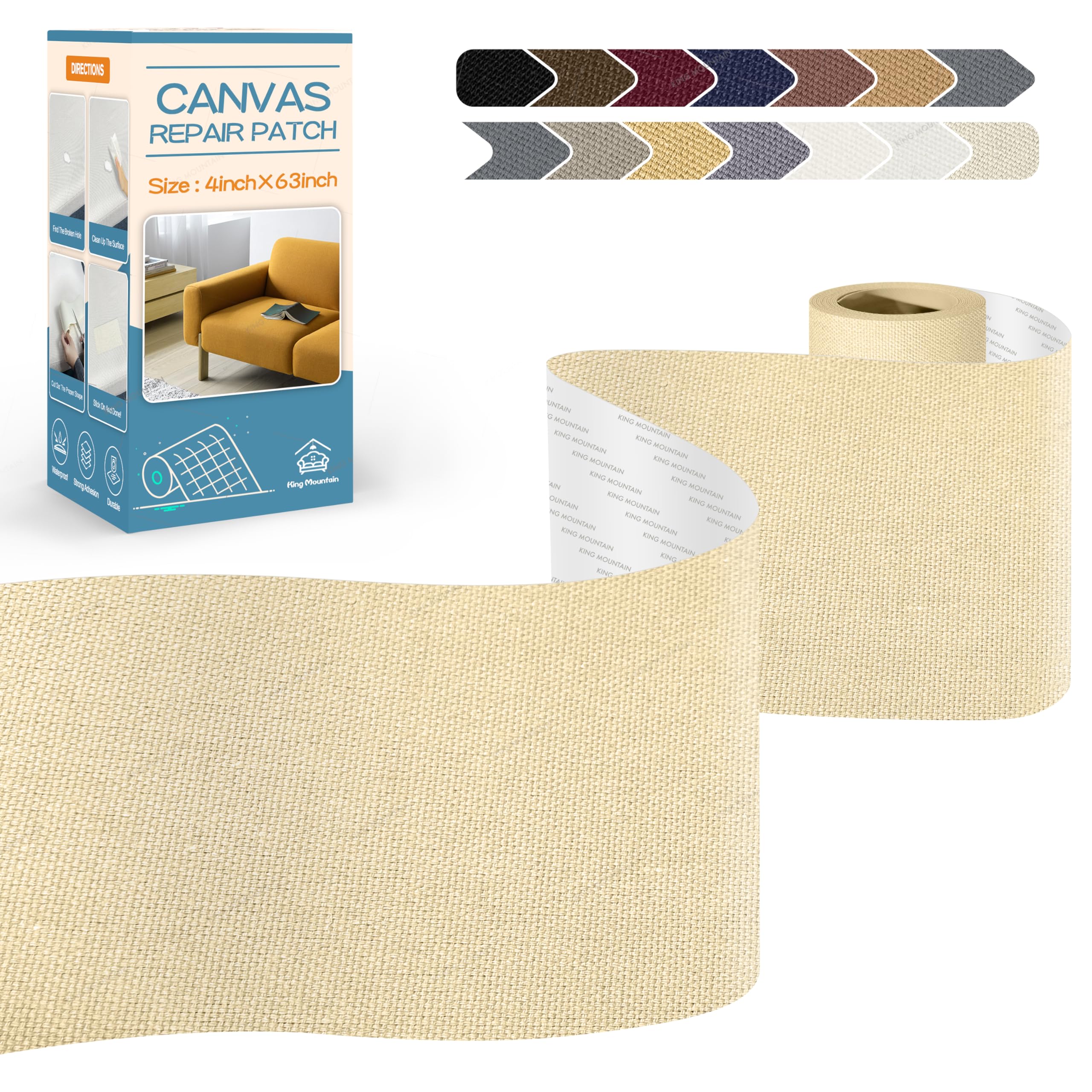 KING MOUNTAIN Canvas Repair Tape,Outdoor Gear Patch, 463 Inches,Waterproof,Self-Adhesive for Repairing Boat Covers,Sun Shades,Sofas,Tents,Lounge Chairs,Awnings (Beige) Beige Canvas-4"W63"L