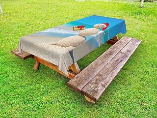 Ambesonne Christmas Outdoor Tablecloth, Sand Snowman with Santa Hat and Present Tropical Beach Australian Noel, Decorative Washable Picnic Table Cloth, 58" X 84", Blue and Vermilion