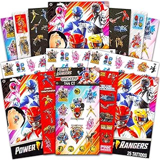 Saban Power Rangers Stickers & Tattoos Party Favors Set ~ Bundle with 140+ Stickers and 75 Power Rangers Temporary Tattoos for Boys Girls Kids (Superhero Party Supplies), Power Rangers Party Favors