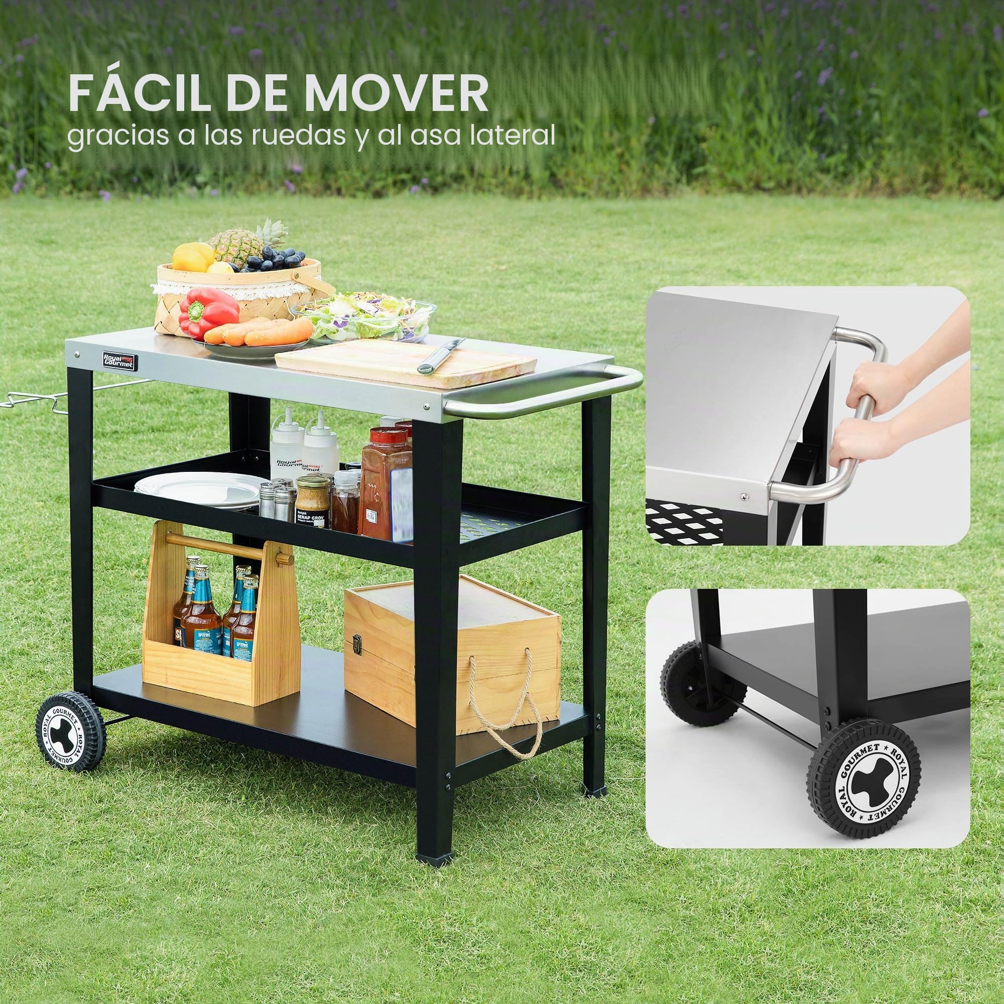 Royal Gourmet Carro de Servir de 3 Niveles con Soporte para Bolsas de Basura, Carrito de Cocina, de Acero Inoxidable, Mesa Auxiliar para Exteriores, Plancha, Mesa de Barbacoa, Carrito con Ruedas,