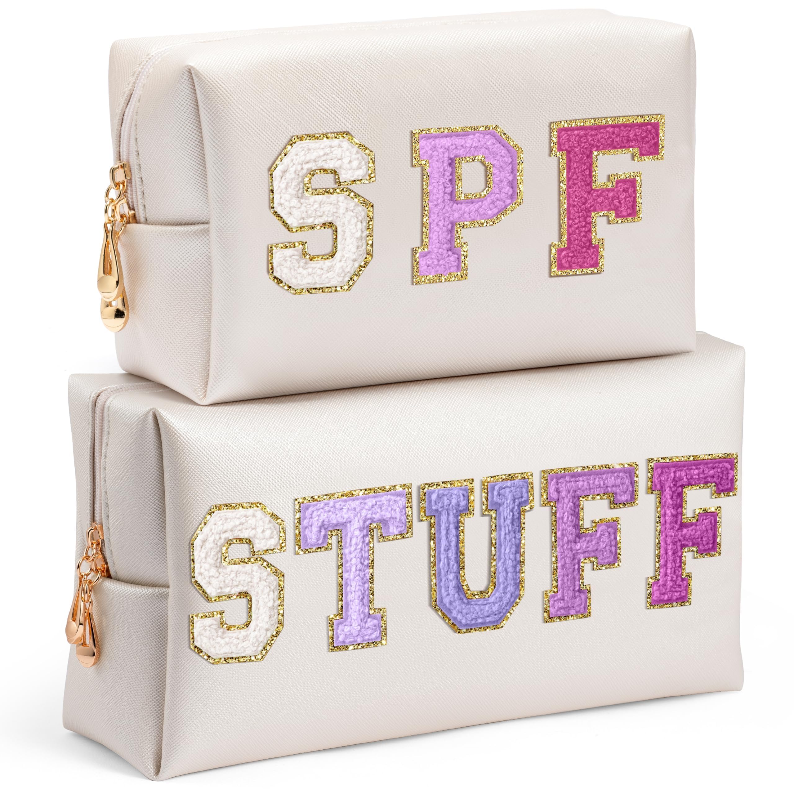 AsodSway Preppy Patch Cosmetic Bags - Summer 2P Purple STUFF SPF Chenille Letter Makeup Bag, PU leather Travel Toiletry Bag Portable Waterproof Bag