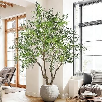 Artificial Mahonia Fortunei Tree 7.5FT with 2934 Leaves & White Planter Deluxe Lifelike Tall Large Faux Tropical Fortunes Mahonia Plant 90 Inch for Indoor Home Office Corner Modern Decor