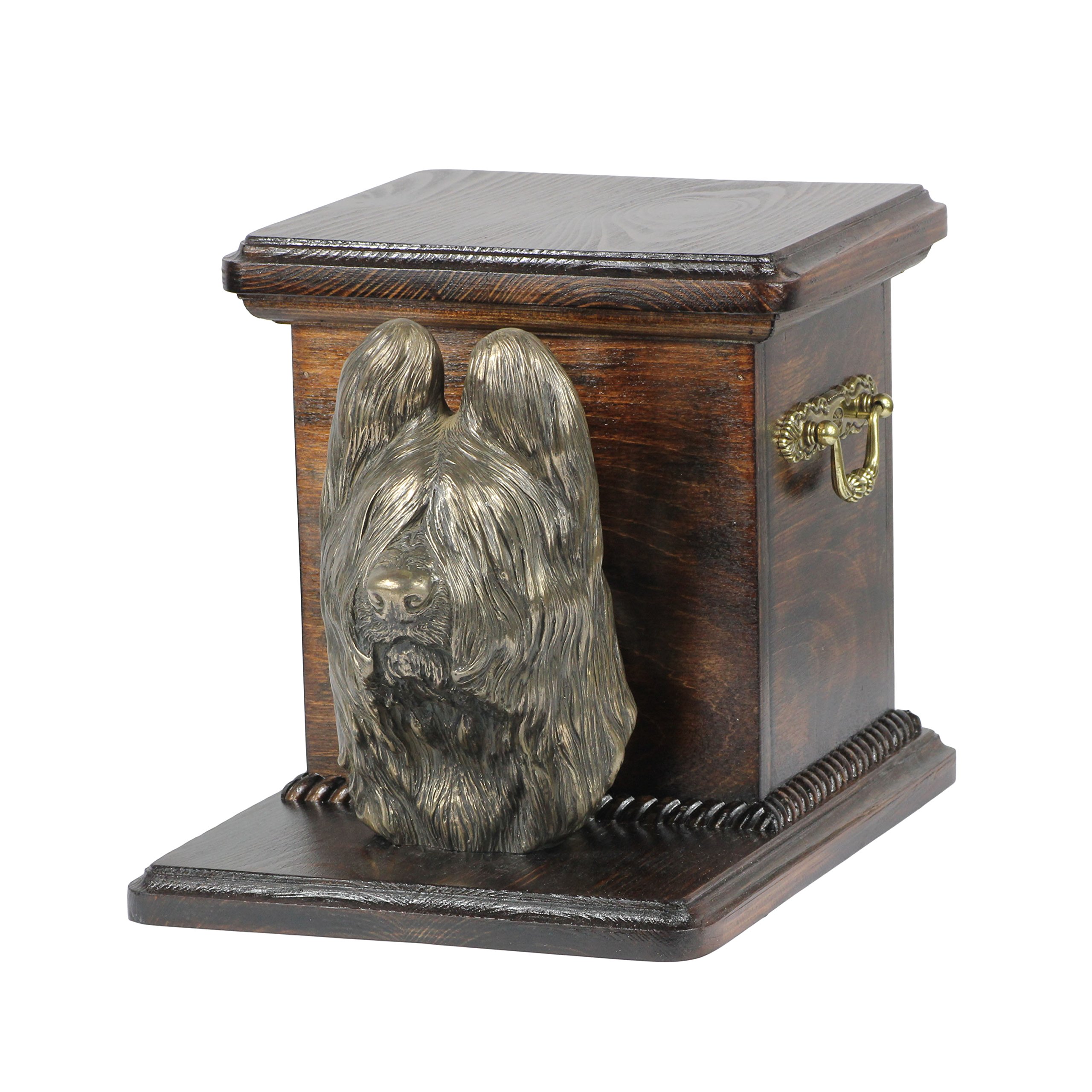Urne pour cendres Briard avec statue chien bronze et boîte bouleau 19x31x22cm