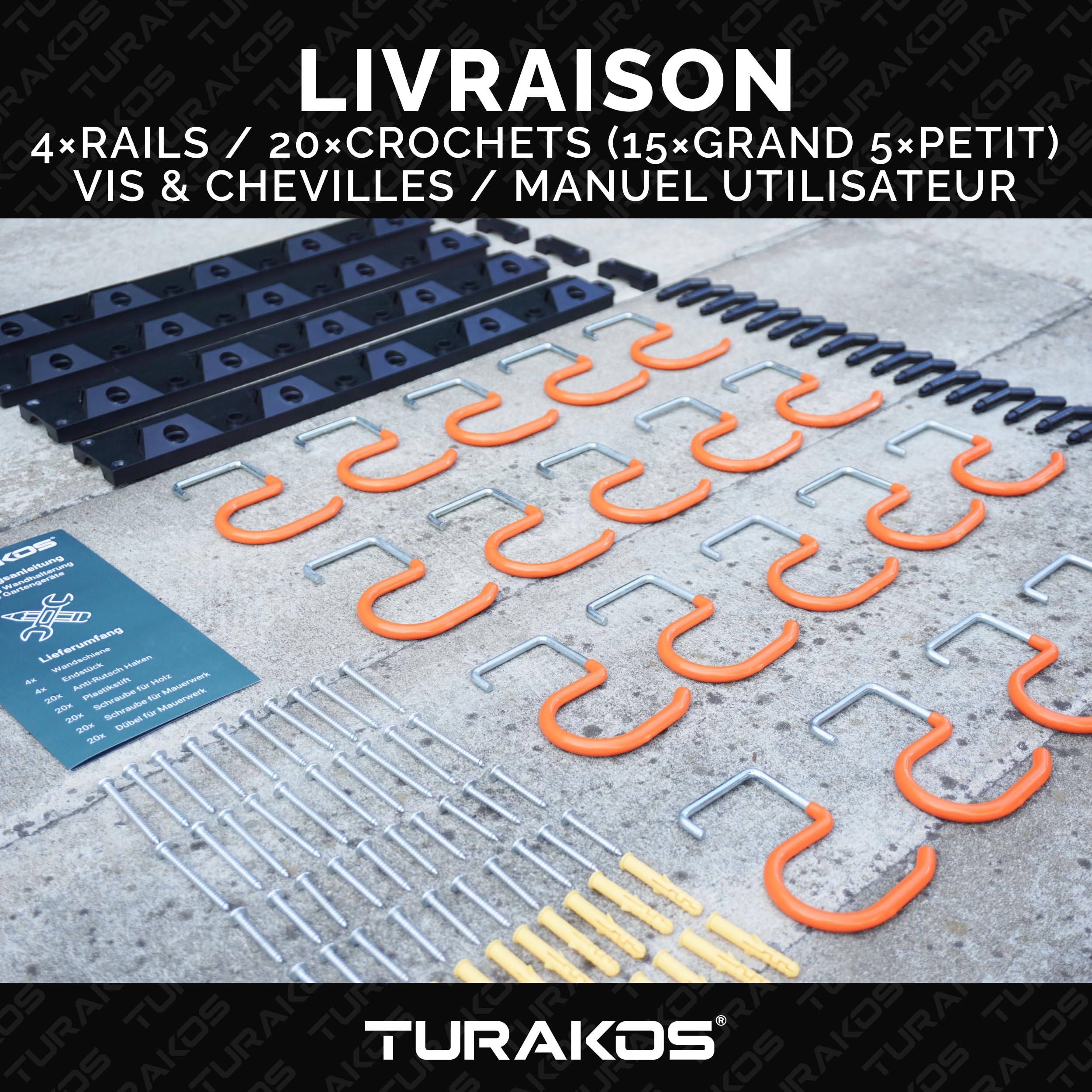 Support outils jardin - 4 x 40cm - porte outils de jardin mural en gomme antidérapant - crochet mural garage