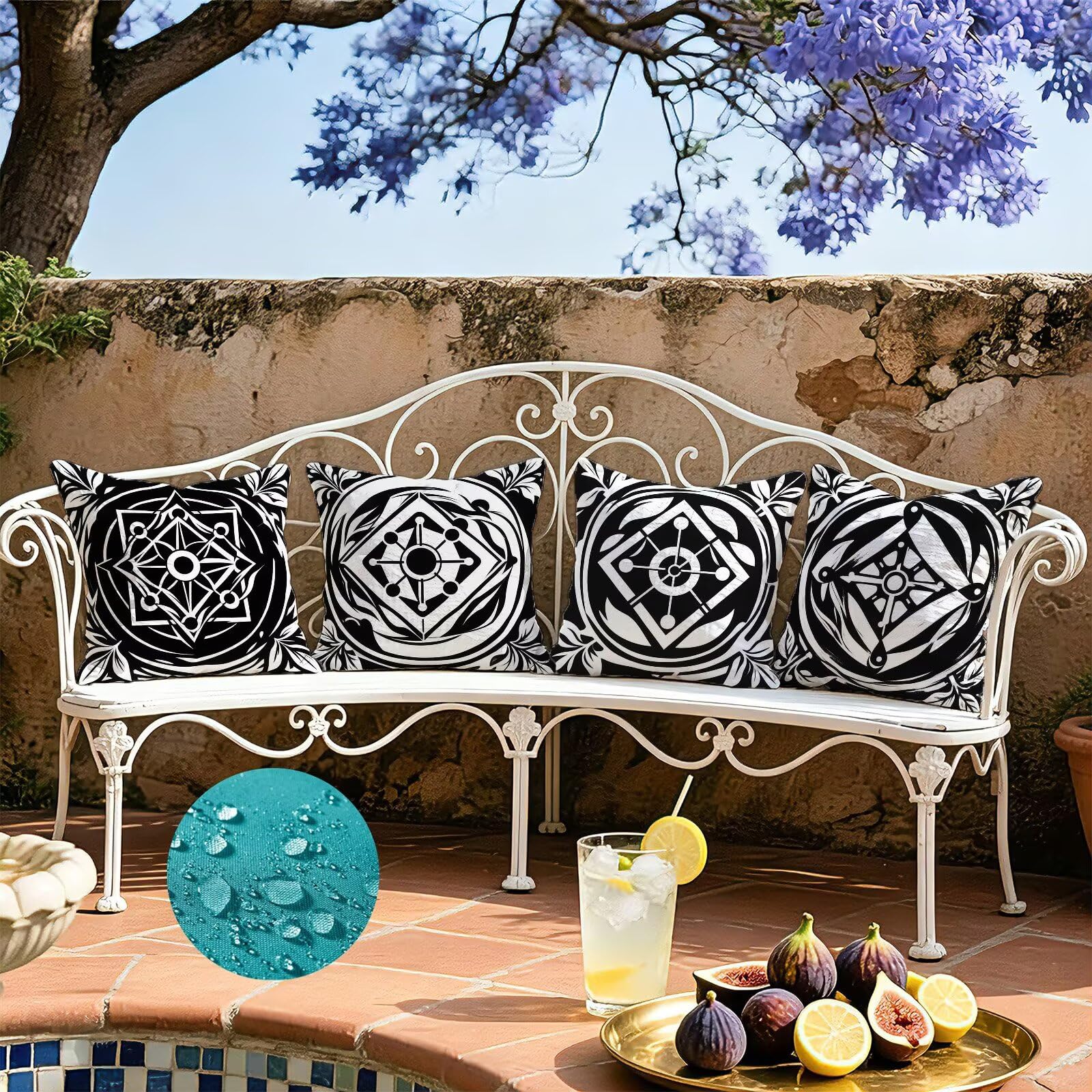 Coussin Exterieur Impermeable Noir, Taie Oreiller 45x45 Set de 4, Cod-3274