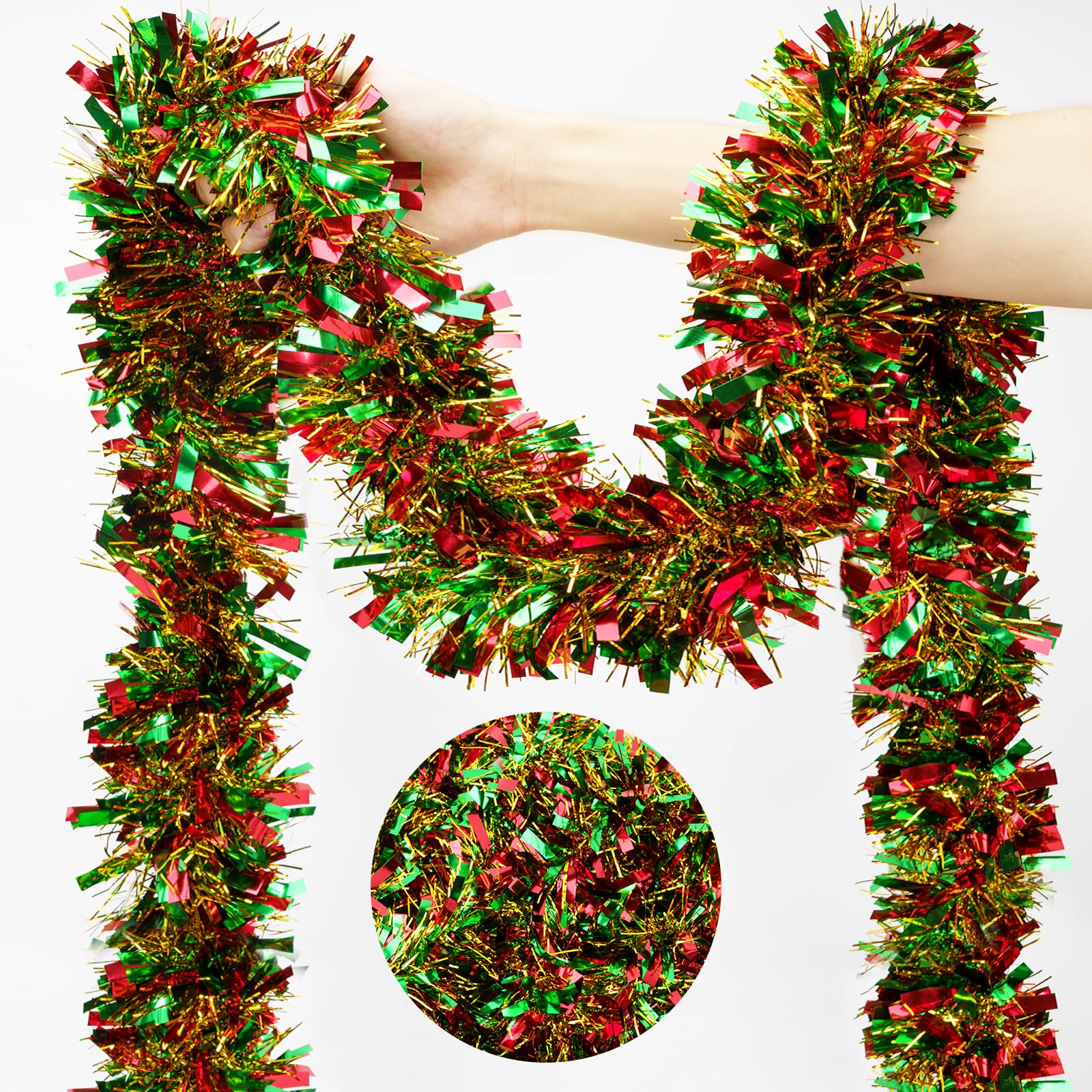 KINGLAKE Christmas Tinsel Garland, 10M x 9CM Red Green Gold Xmas Shiny Decoration