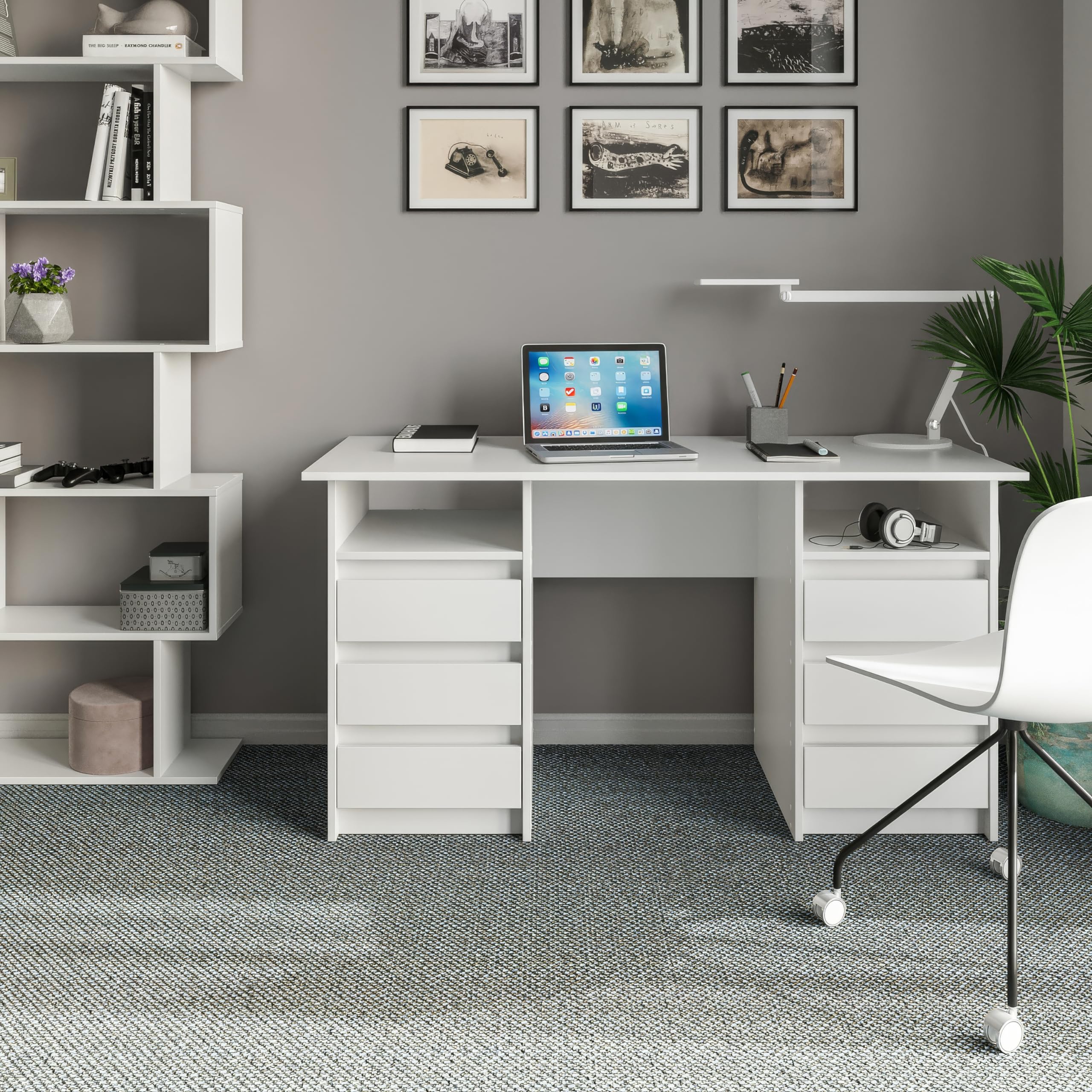 KOMTO Schreibtisch mit Schubladen - Oslo 140 x 60 x 74 cm Moderner Schreibtisch Weiß Bürotisch Computertisch Arbeitstisch Büro PC-Tisch Kinderschreibtisch mit Stauraum