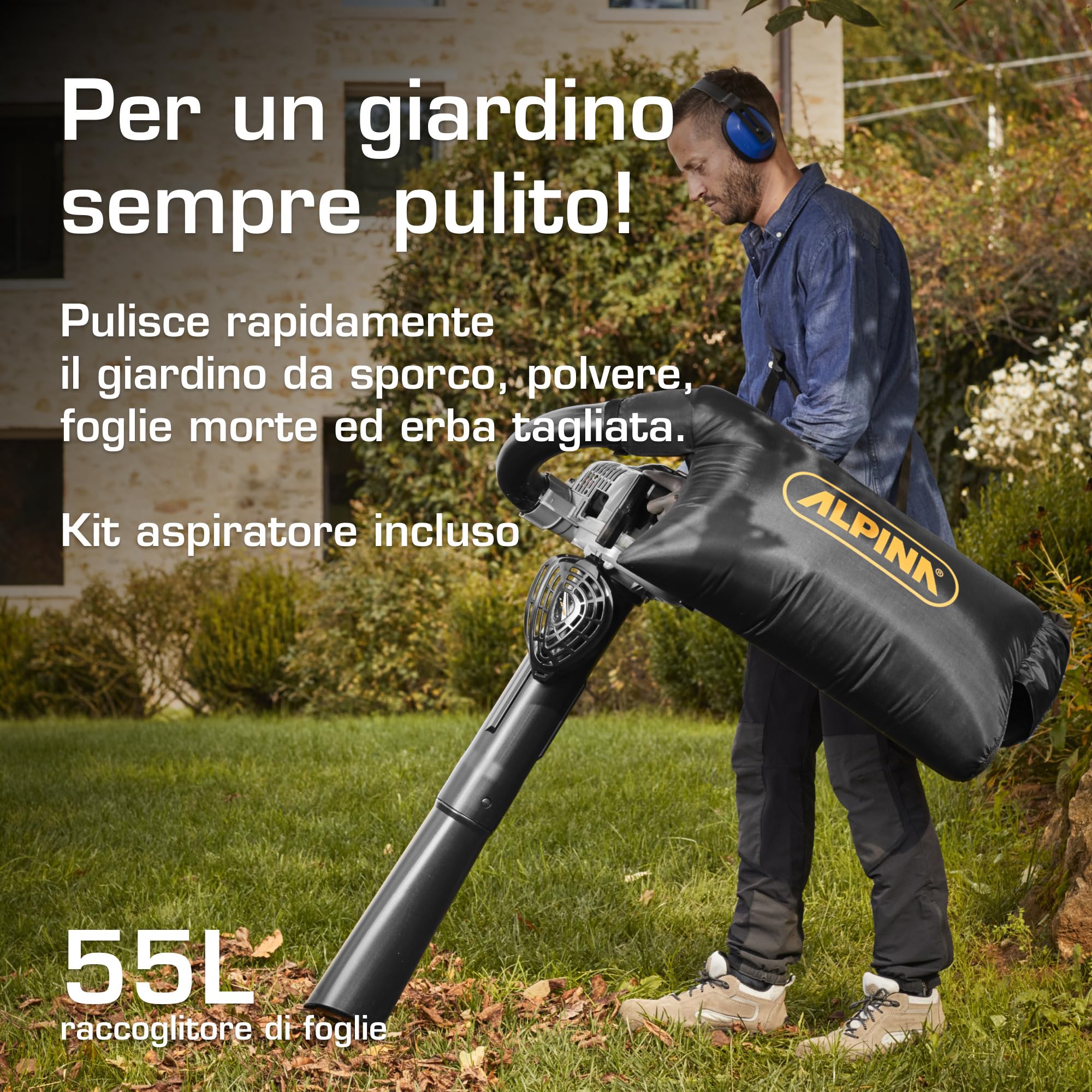 Alpina ABL 27 V Soffiatore-Aspiratore A Scoppio, 27,6 cc (800 W) – Leggero E Maneggevole, Sacco 55 l – Per Giardinaggio