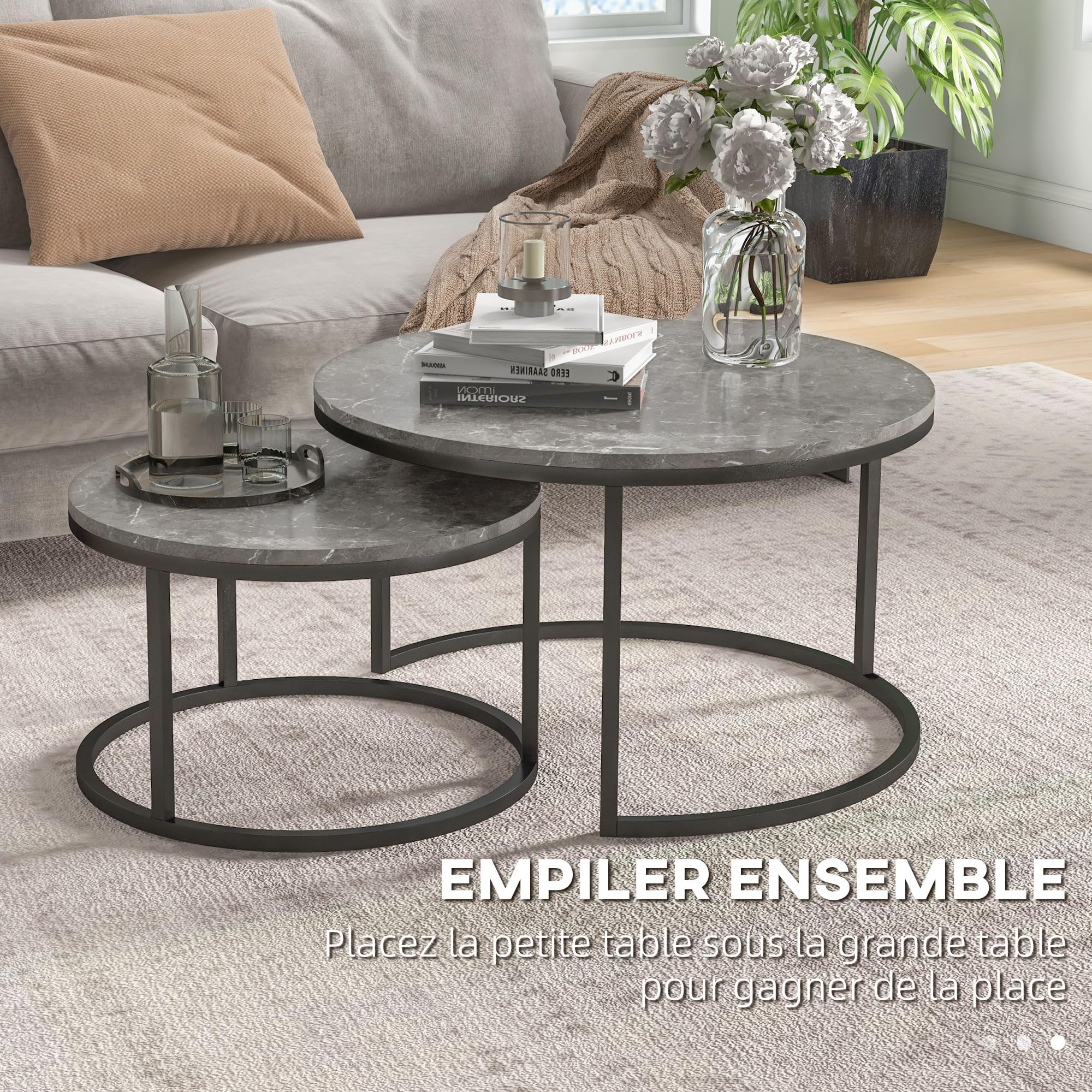 HOMCOM Lot de 2 Tables Basses gigognes, Table Basse Ronde, empilable, Design Industriel, Pieds en métal, Gris