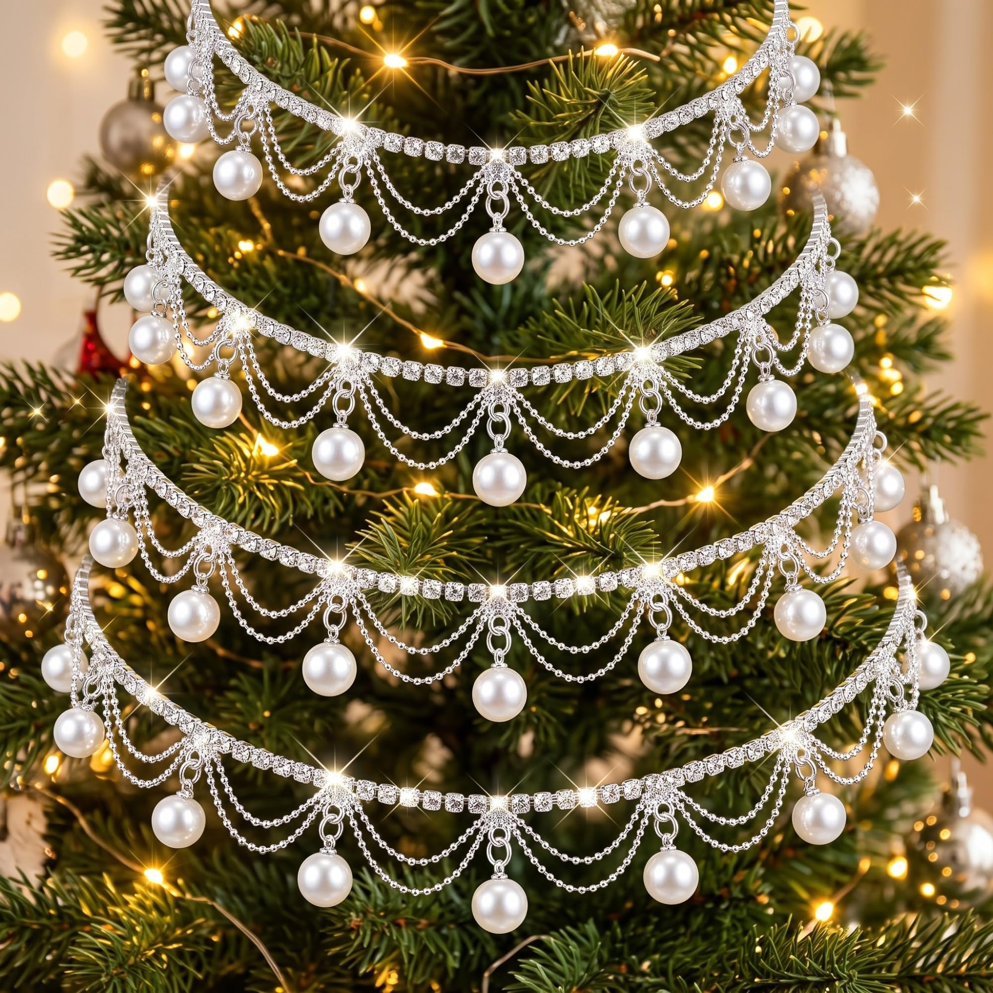 Yookeer Guirlande de Noël avec perles et strass - Arbre de 0,9 m | Guirlande de sapin de Noël, guirlande en plastique blanc argenté, pour cheminée, escalier, cheminée, intérieur et vacances