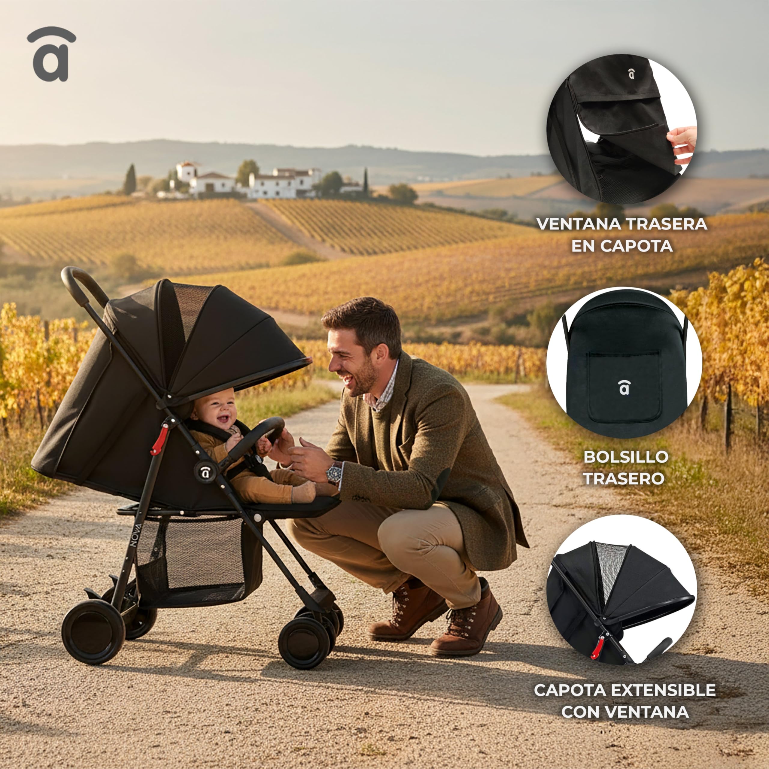 Silla de Paseo Ligera y Compacta para Bebé desde Nacimiento, Carrito Bebé Ultraligero 5,5 kg con Respaldo Reclinable, Capota Extensible, Arnés 5 Puntos y Suspensión – Asalvo NOVA Negro
