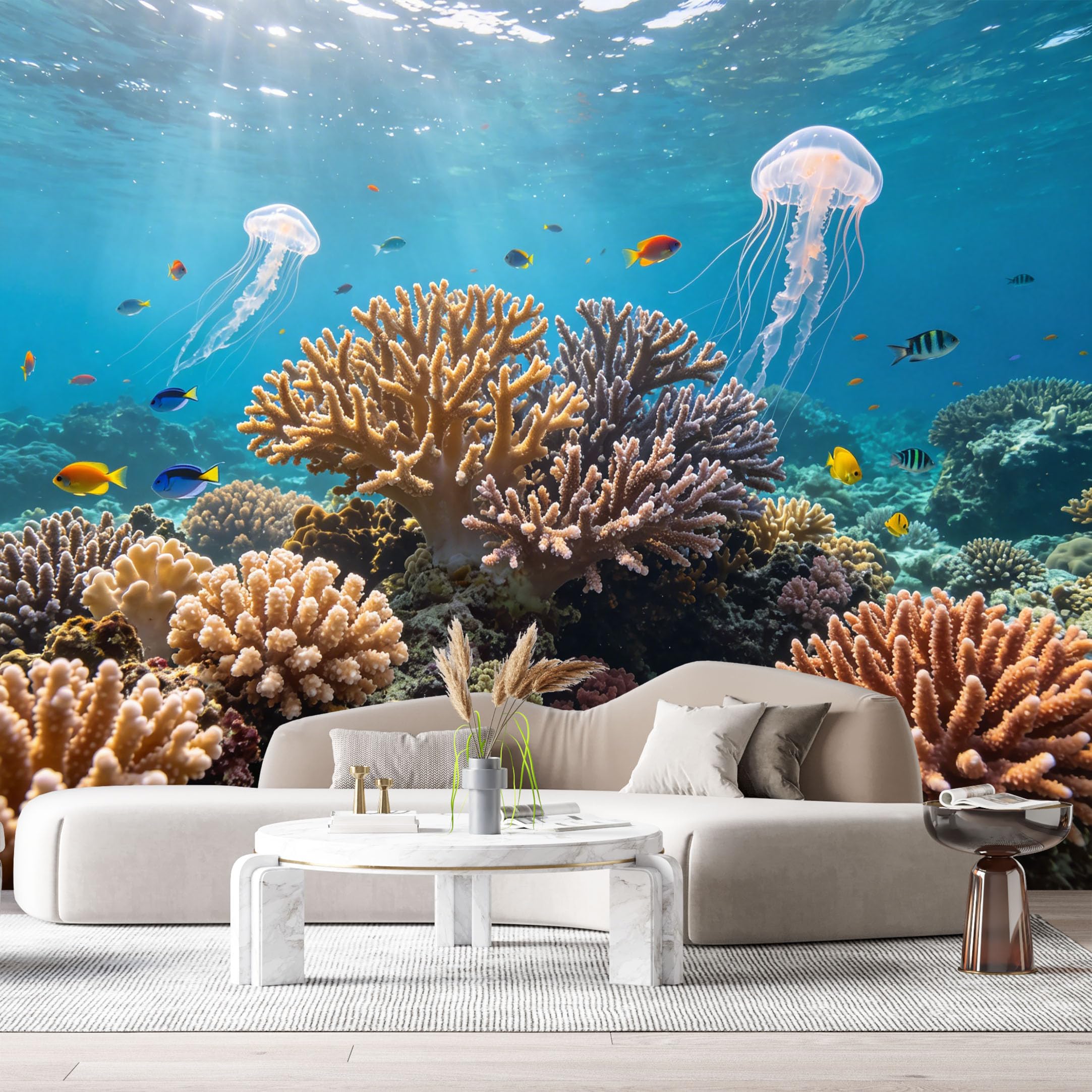 Custom Size Wall Murals Ocean Marine Coral Reef Jellyfish Tropical Fish Underwater Scene SelfAdhesive Wall Fabric Removable Large Wallpaper for Photo Living Room