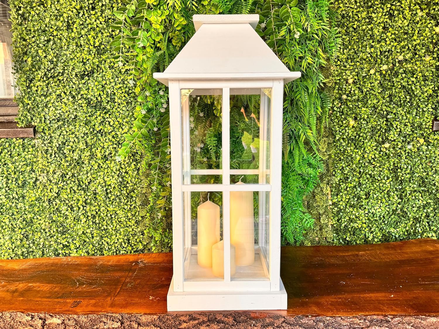 WEECO Farolillo grande de madera blanca de 74 cm – Elegante lámpara decorativa con plexiglás para salón, balcón, terraza y jardín